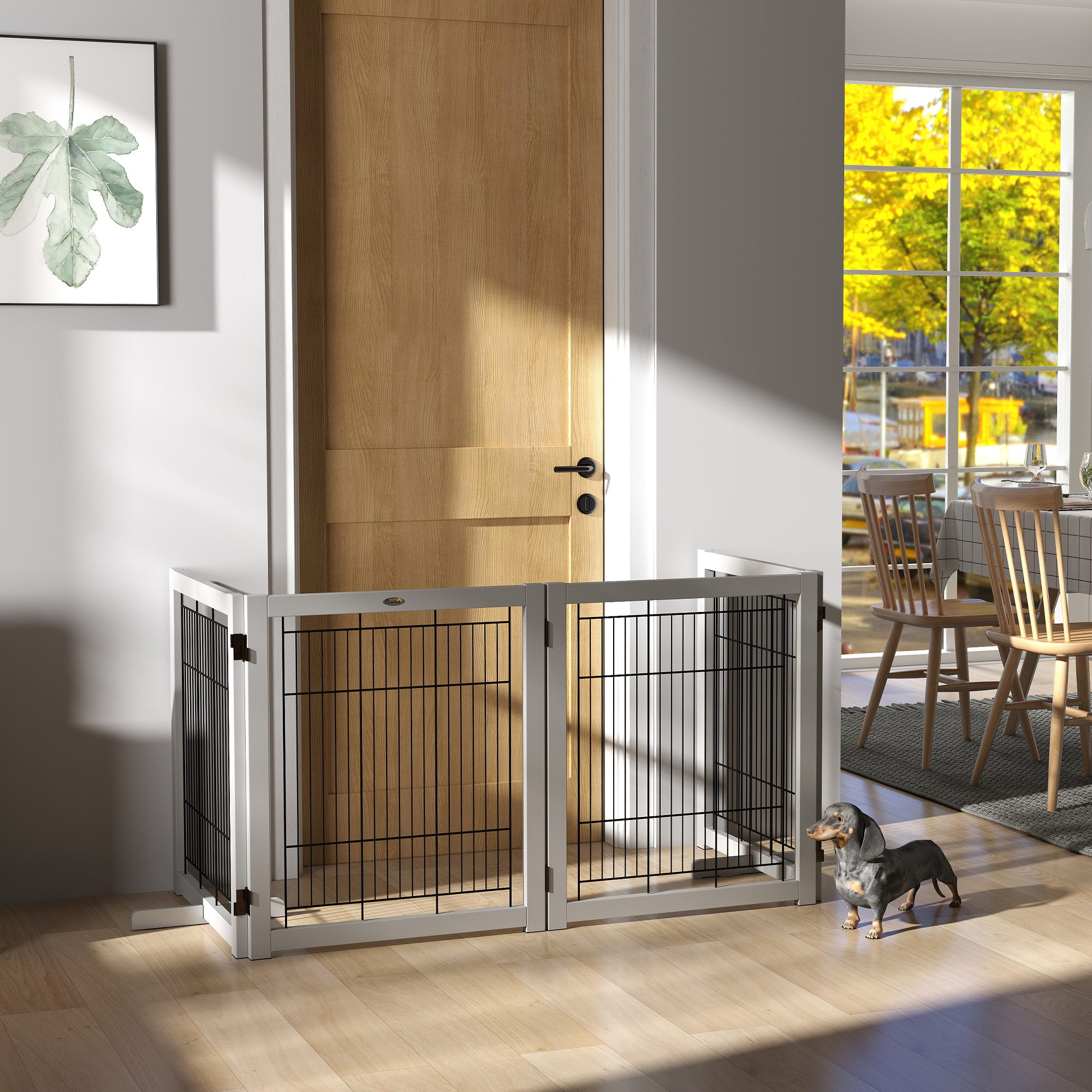 PawHut Wooden Dog Gate Foldable Pet Fence for Small & Medium Dogs 4 Panel with Support Feet Freestanding Safety Barrier for House Doorway Stairs Light Grey