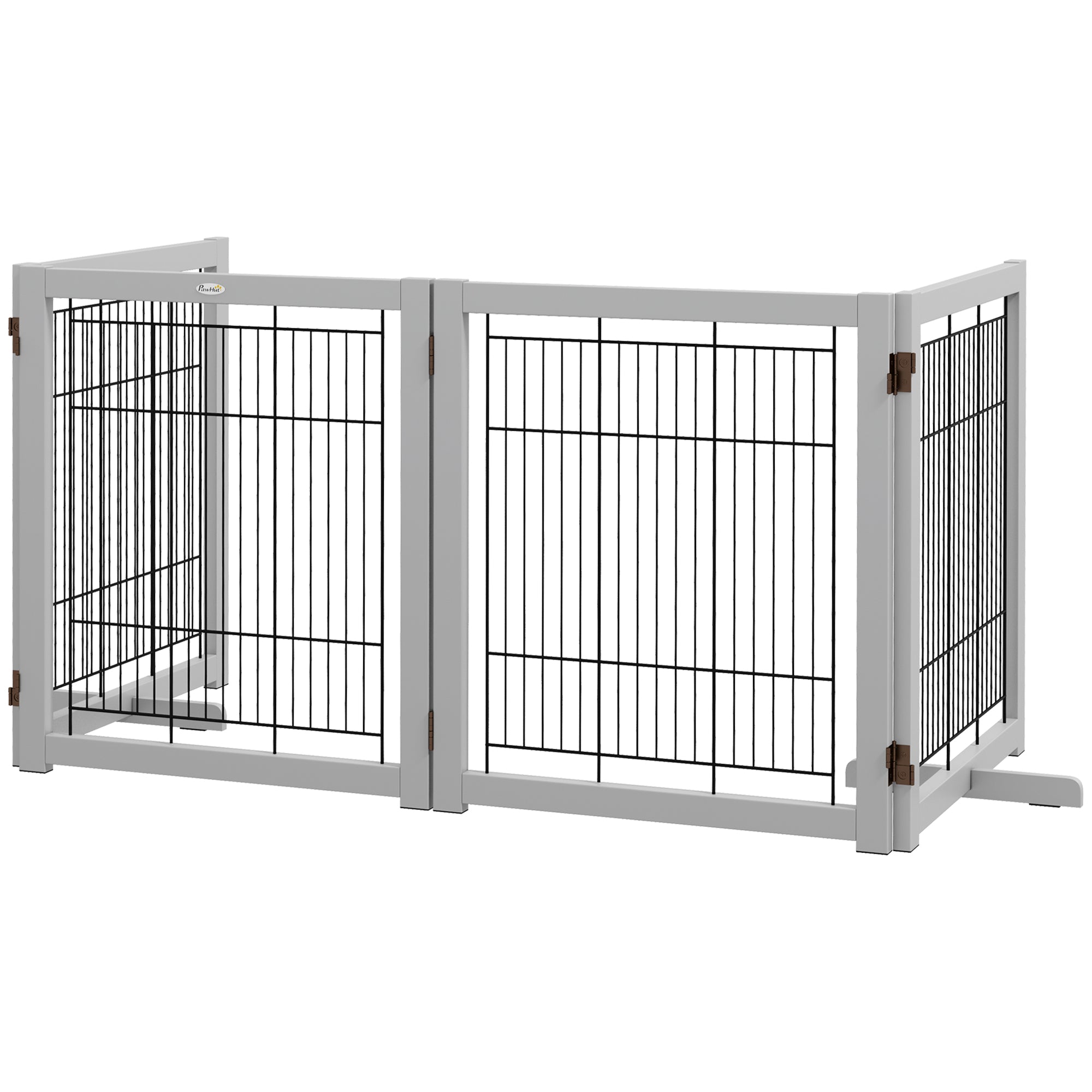 PawHut Wooden Dog Gate Foldable Pet Fence for Small & Medium Dogs 4 Panel with Support Feet Freestanding Safety Barrier for House Doorway Stairs Light Grey