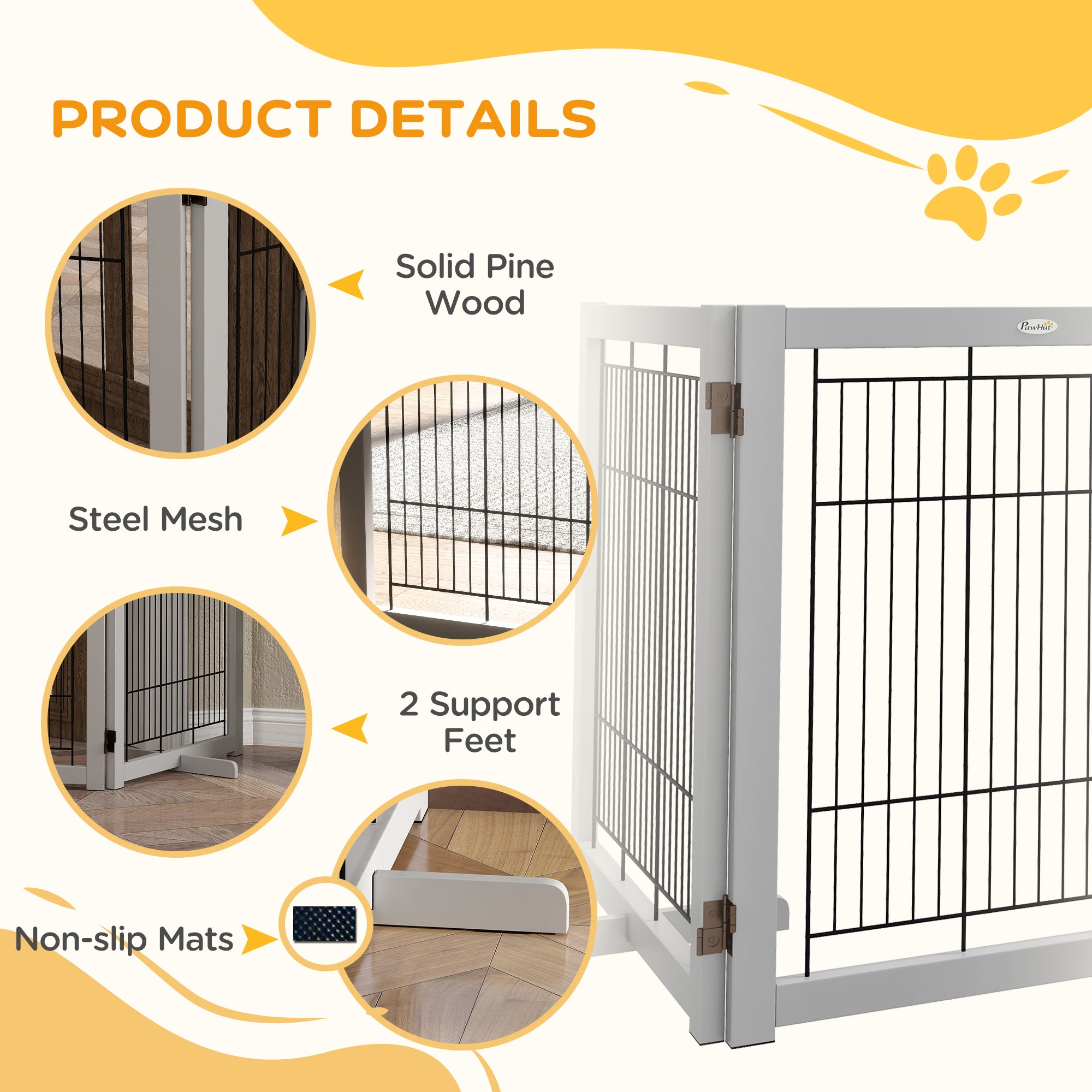 PawHut Wooden Dog Gate Foldable Pet Fence for Small & Medium Dogs 4 Panel with Support Feet Freestanding Safety Barrier for House Doorway Stairs Light Grey
