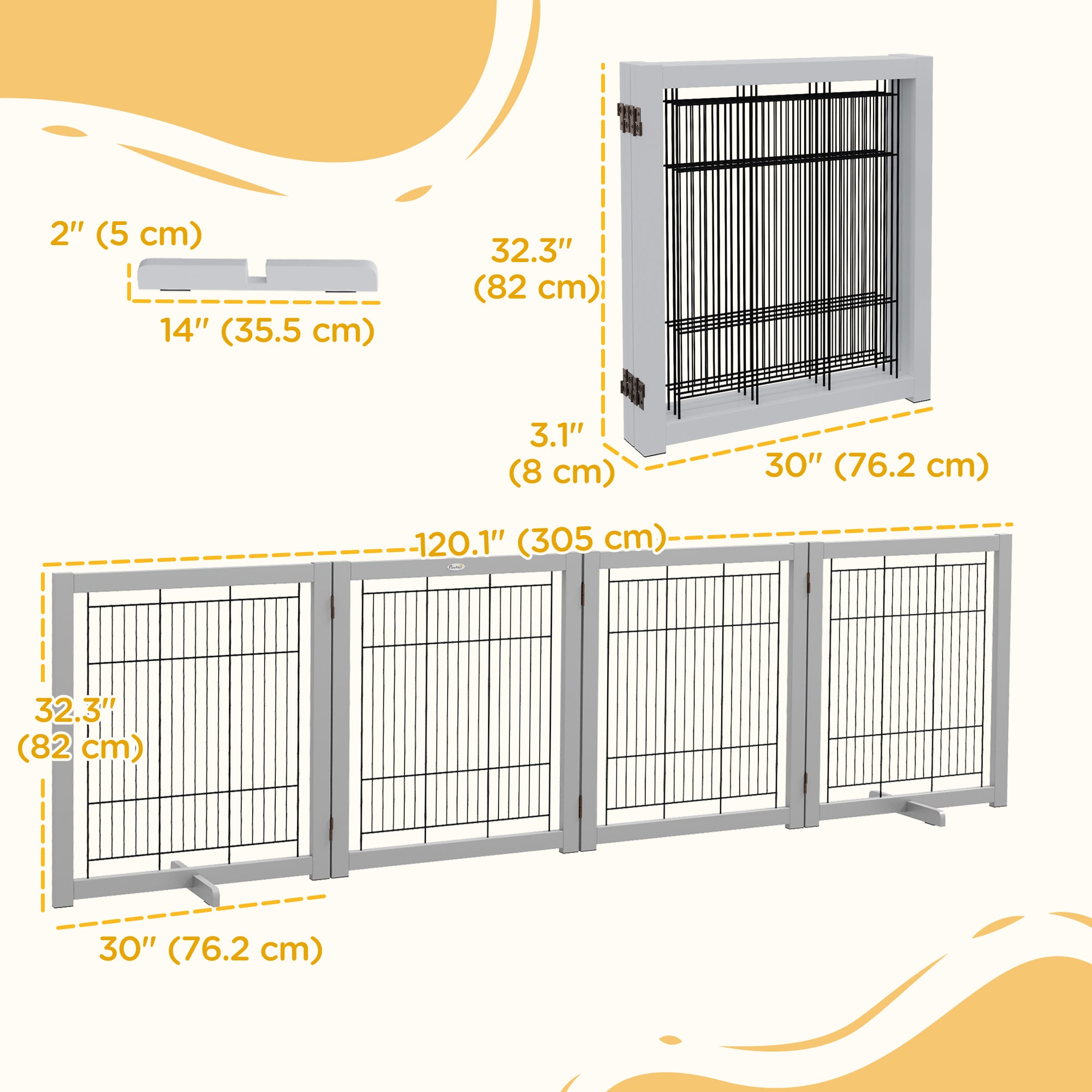 PawHut Wooden Dog Gate Foldable Pet Fence for Small & Medium Dogs 4 Panel with Support Feet Freestanding Safety Barrier for House Doorway Stairs Light Grey