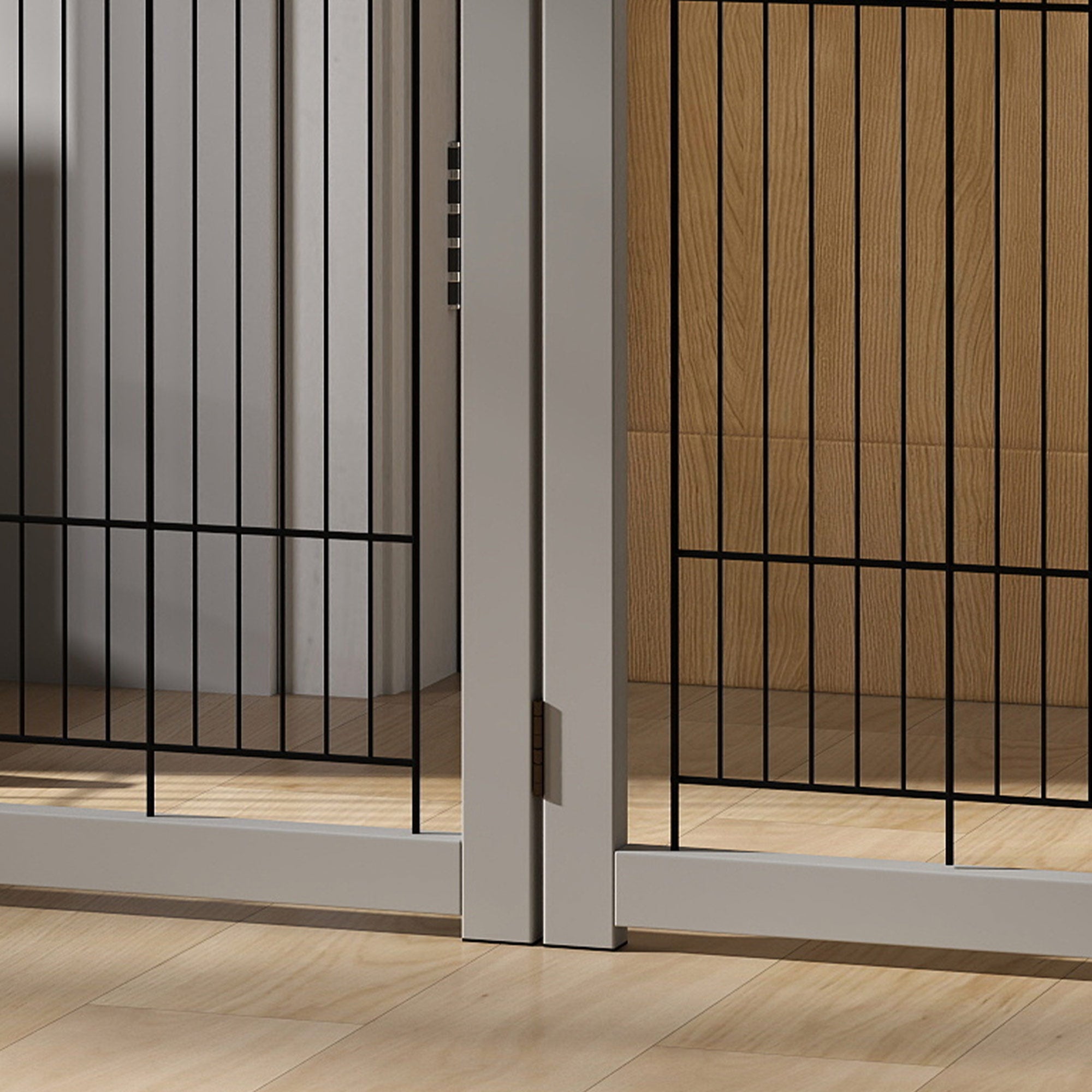 PawHut Wooden Dog Gate Foldable Pet Fence for Small & Medium Dogs 4 Panel with Support Feet Freestanding Safety Barrier for House Doorway Stairs Light Grey
