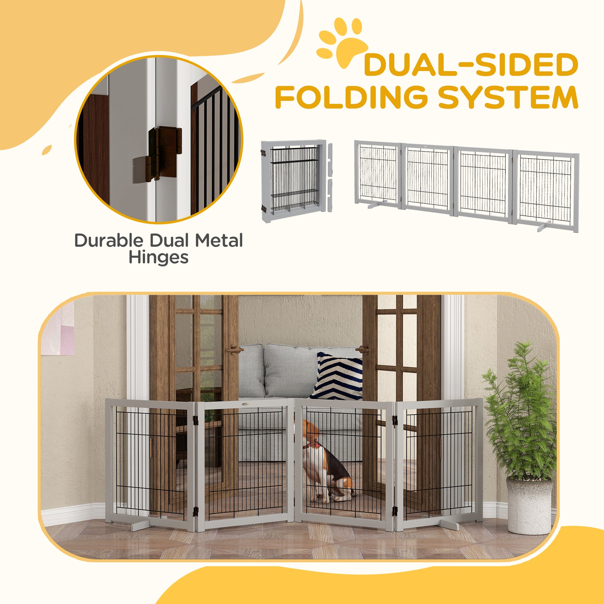 PawHut Wooden Dog Gate Foldable Pet Fence for Small & Medium Dogs 4 Panel with Support Feet Freestanding Safety Barrier for House Doorway Stairs Light Grey