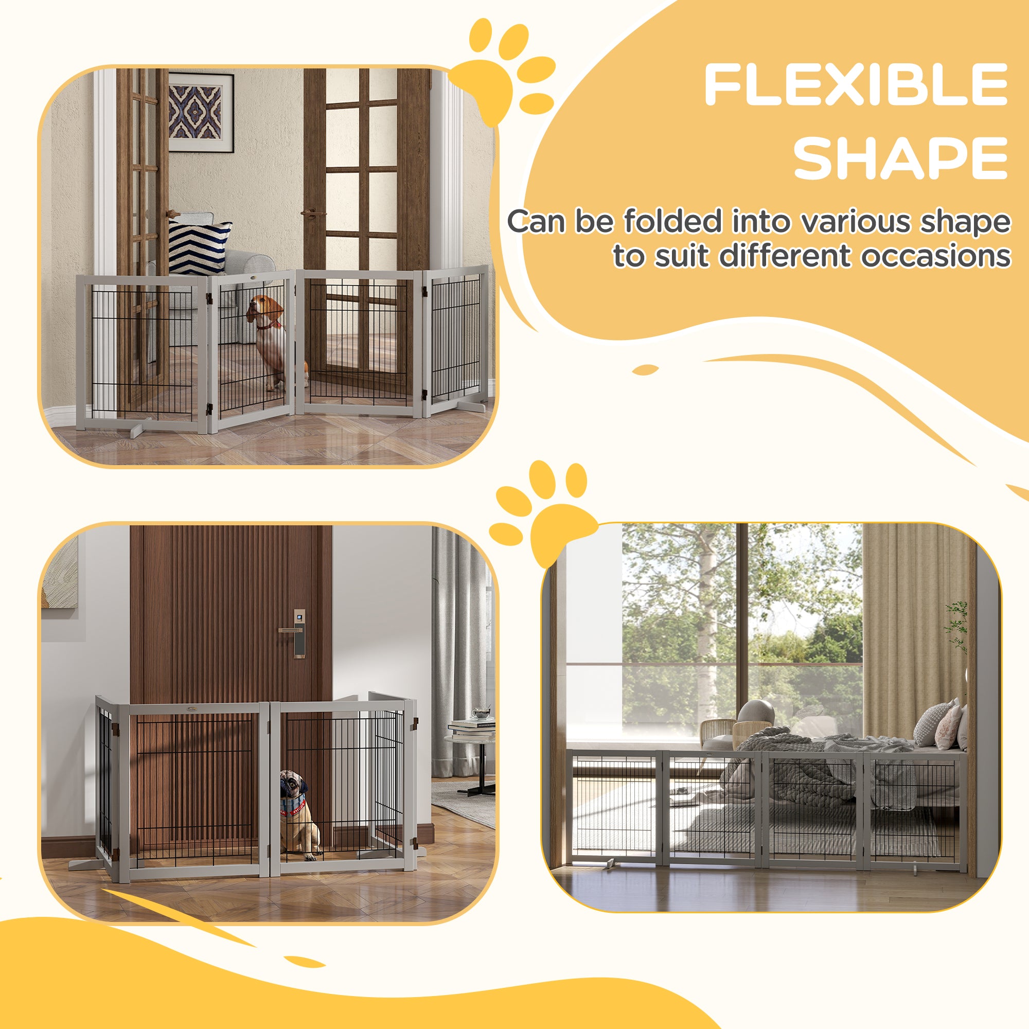 PawHut Wooden Dog Gate Foldable Pet Fence for Small & Medium Dogs 4 Panel with Support Feet Freestanding Safety Barrier for House Doorway Stairs Light Grey