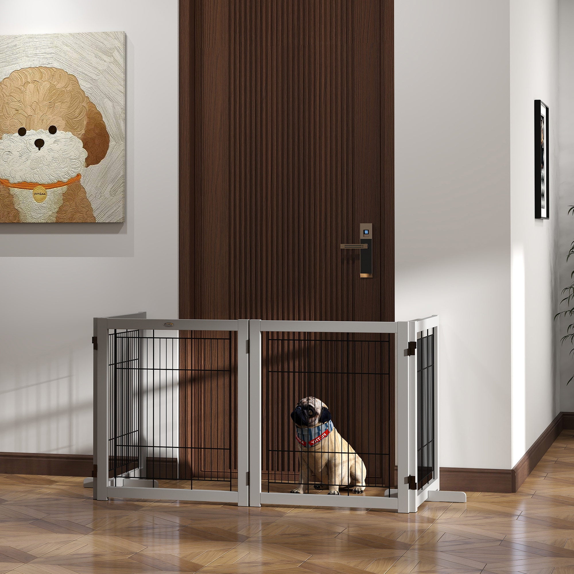 PawHut Wooden Dog Gate Foldable Pet Fence for Small & Medium Dogs 4 Panel with Support Feet Freestanding Safety Barrier for House Doorway Stairs Light Grey