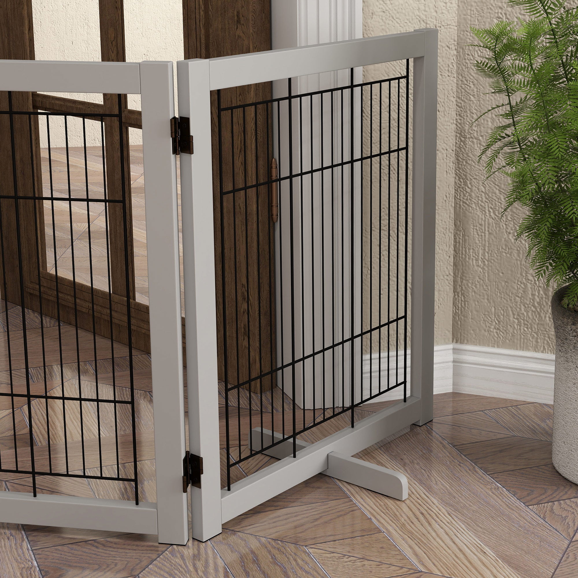 PawHut Wooden Dog Gate Foldable Pet Fence for Small & Medium Dogs 4 Panel with Support Feet Freestanding Safety Barrier for House Doorway Stairs Light Grey