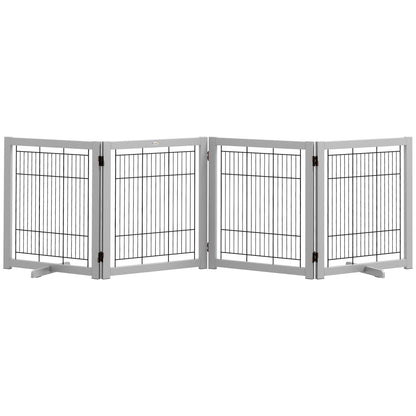PawHut Wooden Dog Gate Foldable Pet Fence for Small & Medium Dogs 4 Panel with Support Feet Freestanding Safety Barrier for House Doorway Stairs Light Grey