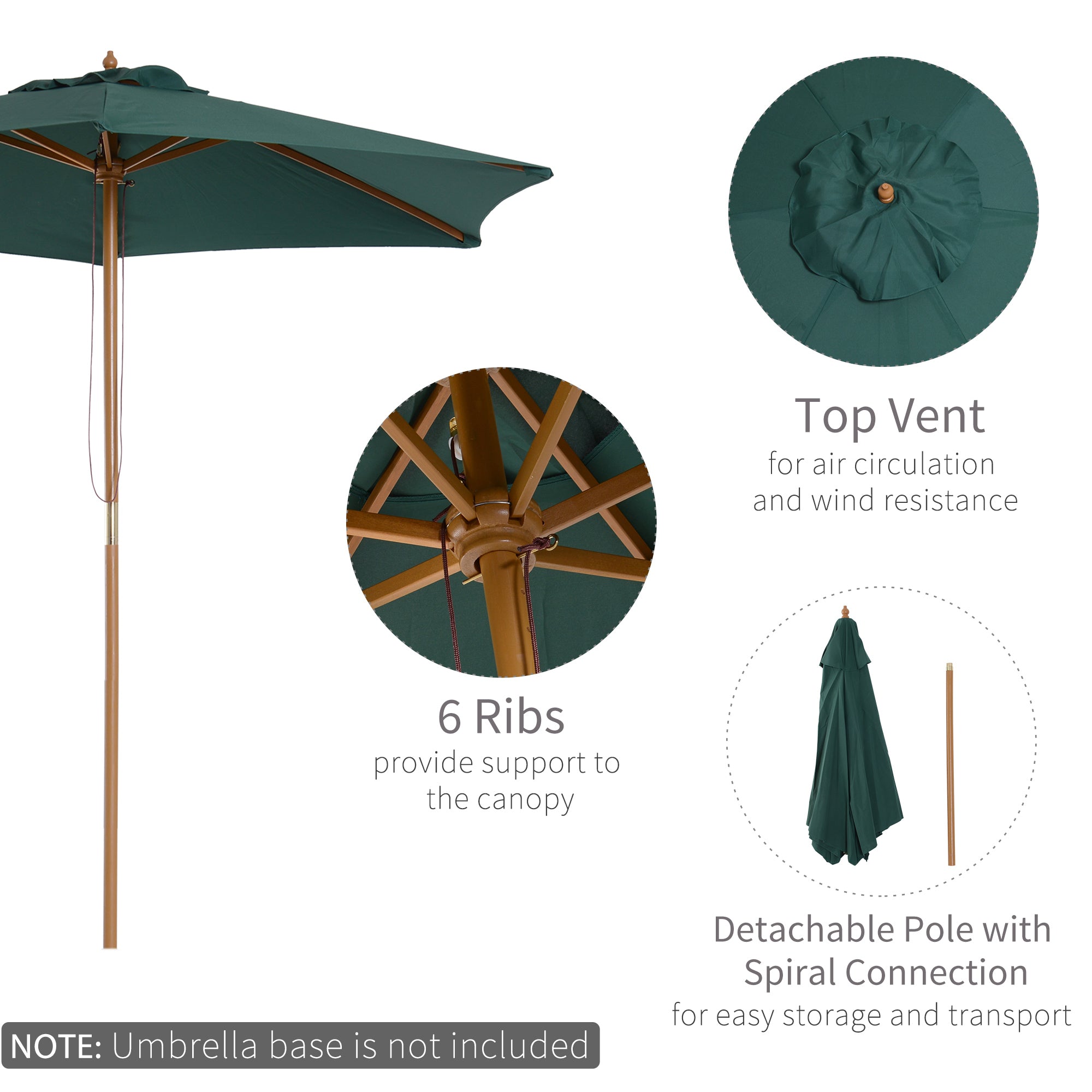 Outsunny 8FT Wood Patio Umbrella Round Market Umbrella Garden Parasol Canopy with Bamboo Ribs and Top Vent, Dark Green