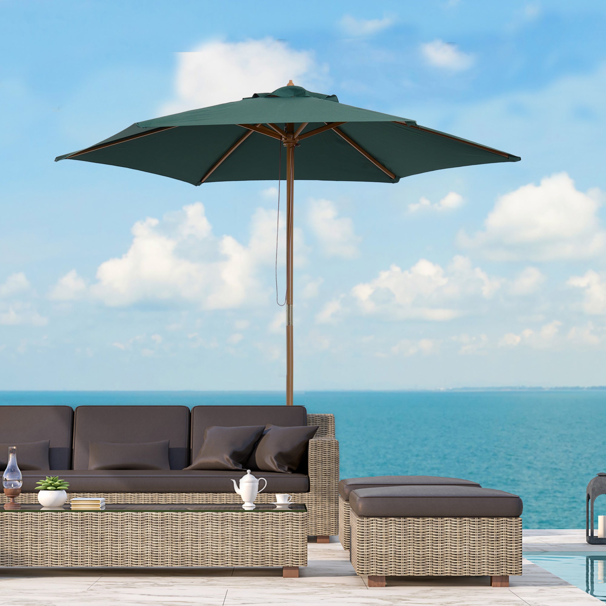 Outsunny 8FT Wood Patio Umbrella Round Market Umbrella Garden Parasol Canopy with Bamboo Ribs and Top Vent, Dark Green
