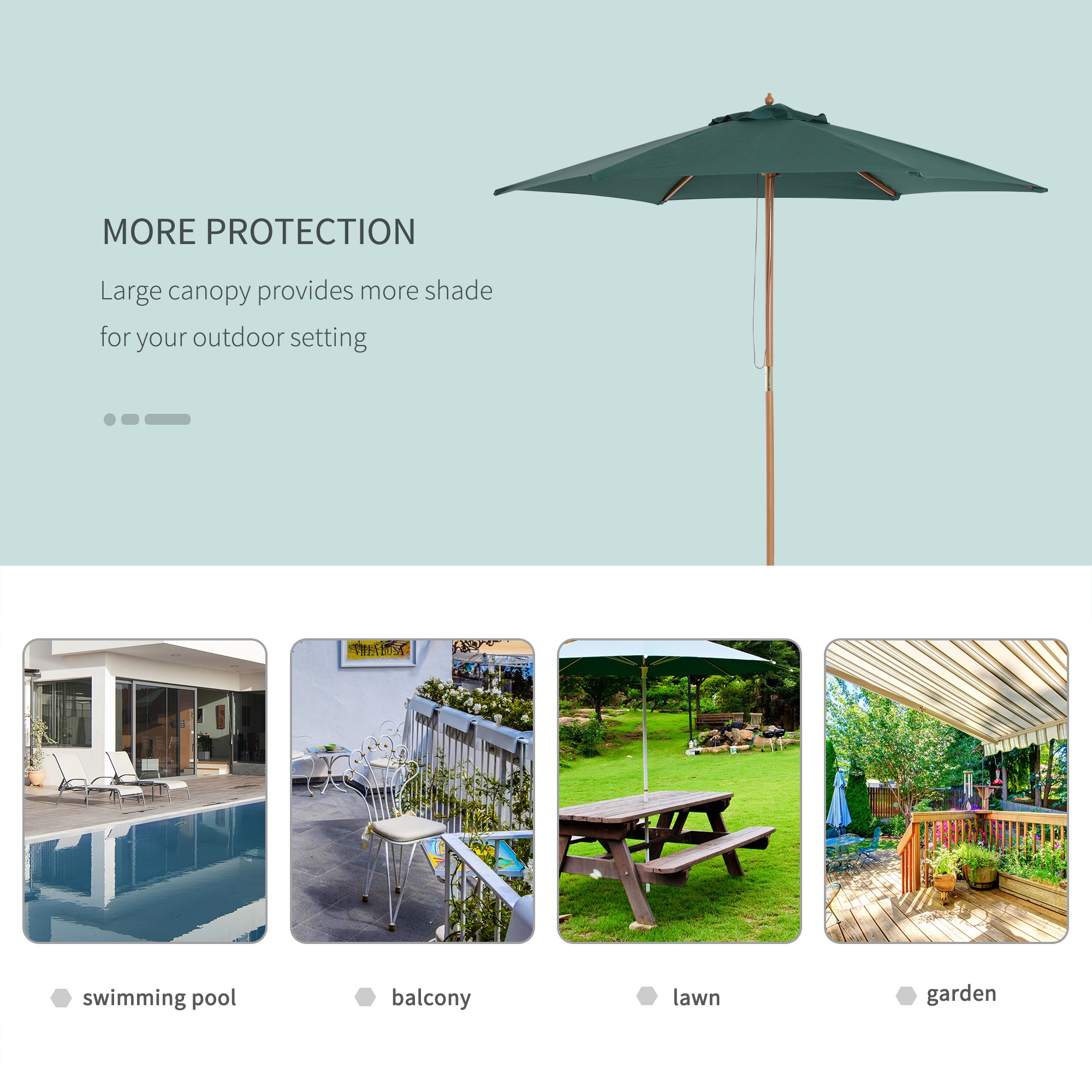 Outsunny 8FT Wood Patio Umbrella Round Market Umbrella Garden Parasol Canopy with Bamboo Ribs and Top Vent, Dark Green