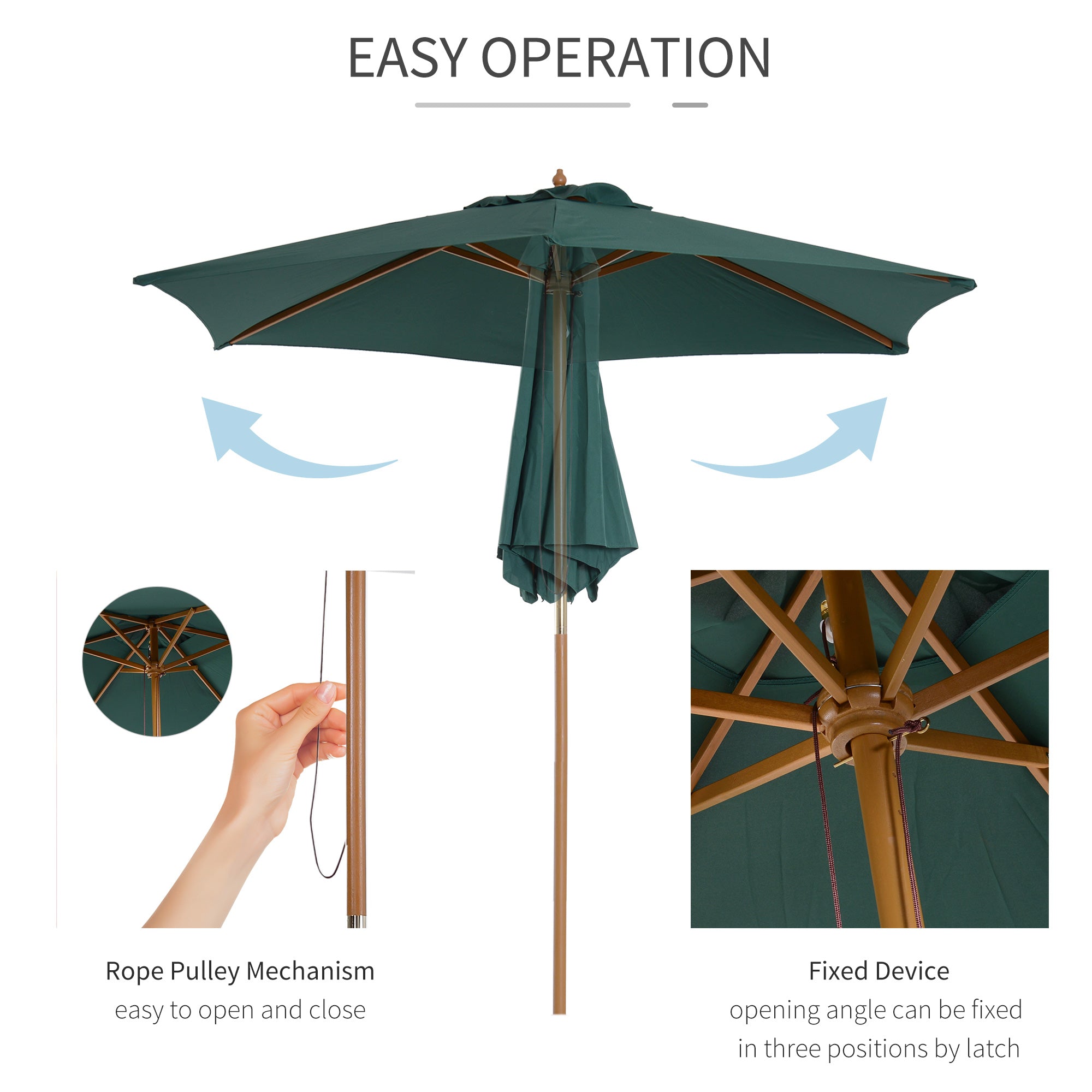 Outsunny 8FT Wood Patio Umbrella Round Market Umbrella Garden Parasol Canopy with Bamboo Ribs and Top Vent, Dark Green