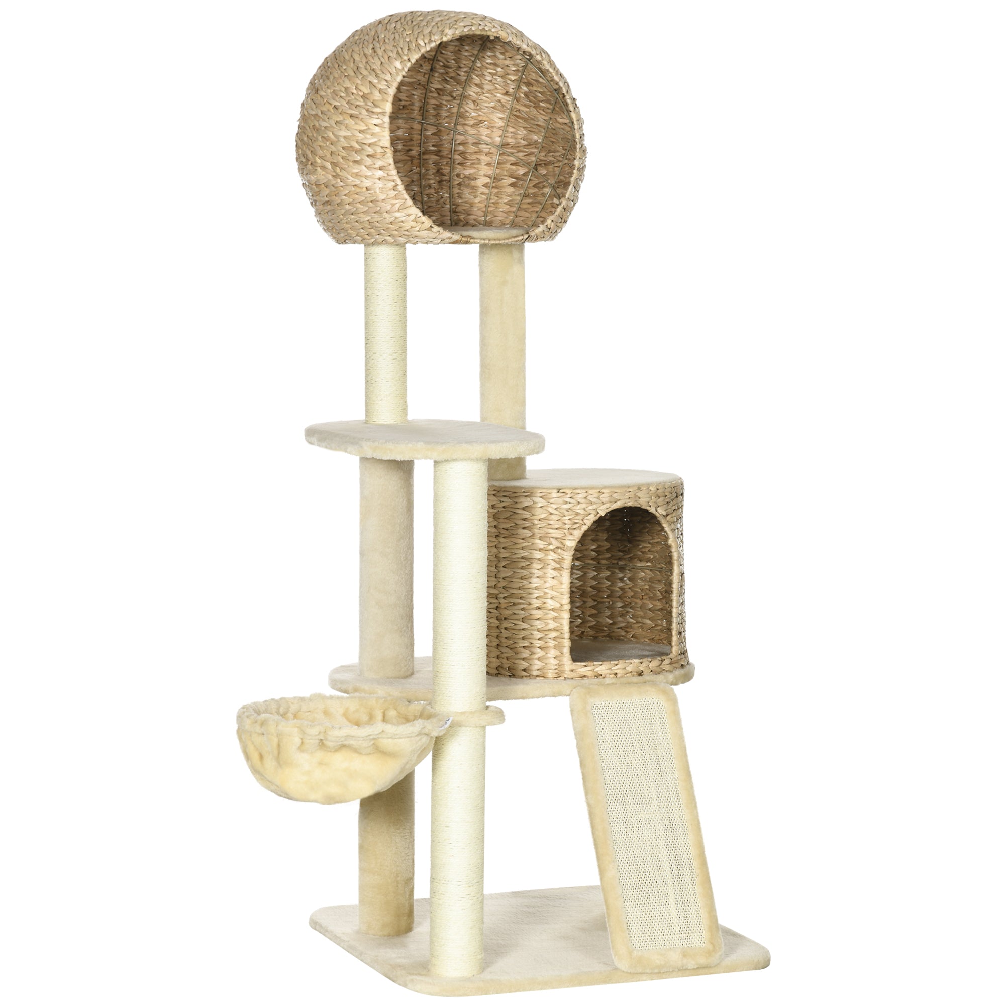 PawHut 59 Inch Cat Tree for Indoor Cats, Cat Tower with Cat Condo, Hammock, Perches, Scratching Posts, Ramp for Large Cats, Beige