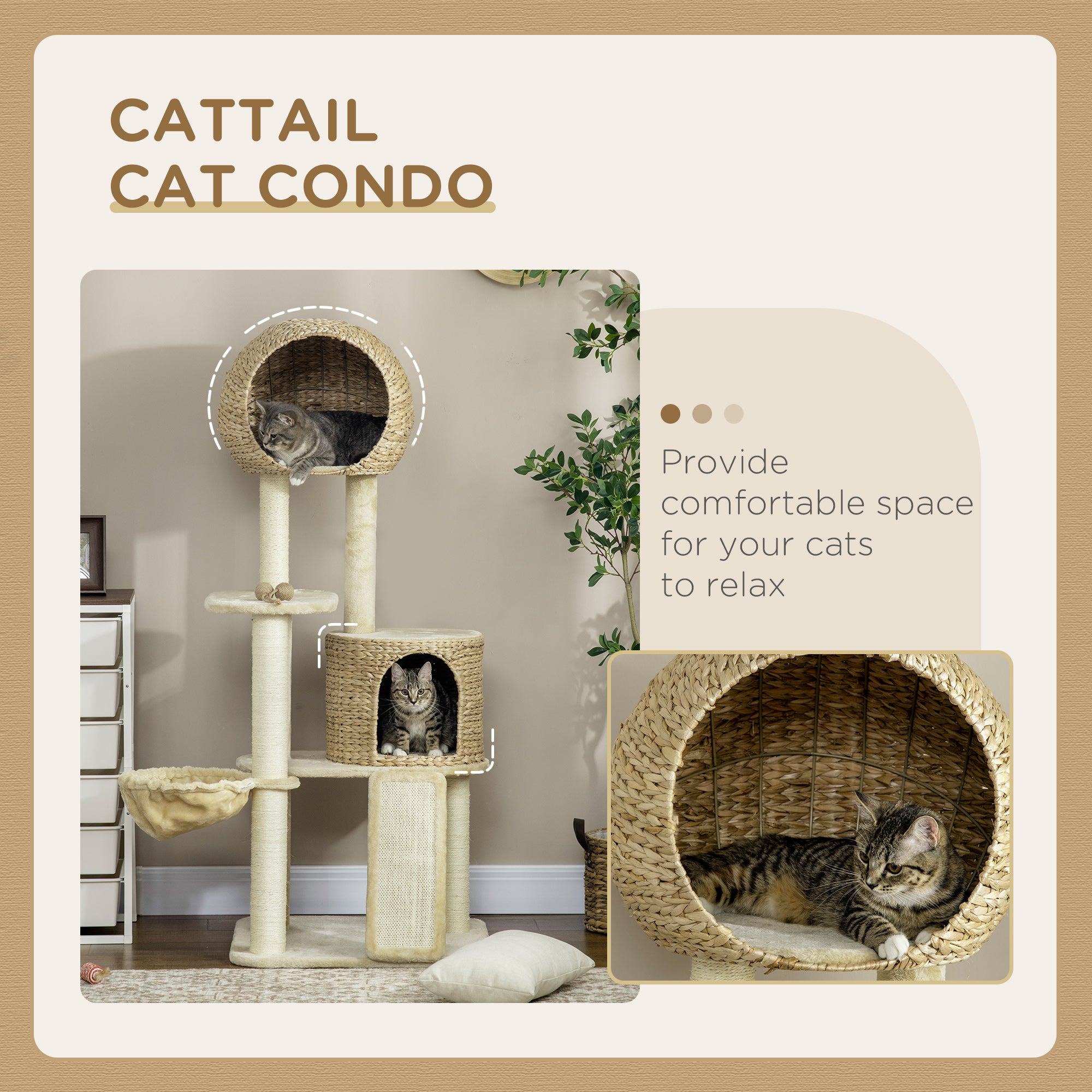 PawHut 59 Inch Cat Tree for Indoor Cats, Cat Tower with Cat Condo, Hammock, Perches, Scratching Posts, Ramp for Large Cats, Beige