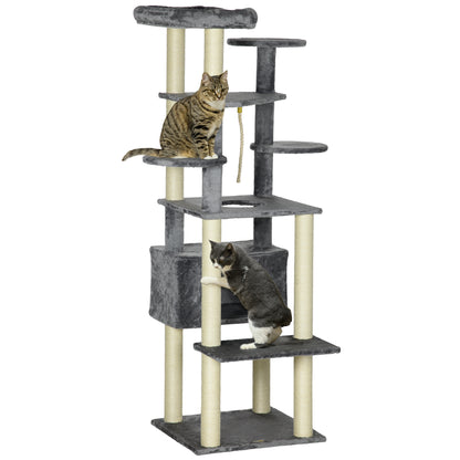 PawHut 184cm Cat Tree for Indoor Cats, Multi-Level Kitten Climbing Tower with Scratching Posts, Cat Bed, Cat House, Perches, Hanging Play Rope - Grey