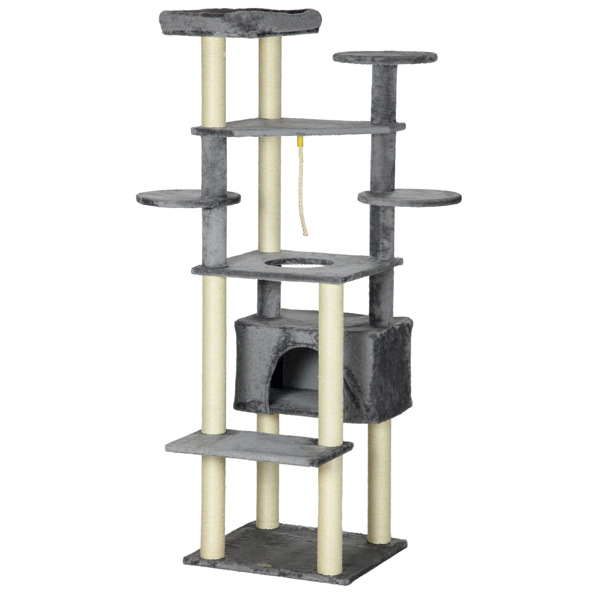 PawHut 184cm Cat Tree for Indoor Cats, Multi-Level Kitten Climbing Tower with Scratching Posts, Cat Bed, Cat House, Perches, Hanging Play Rope - Grey