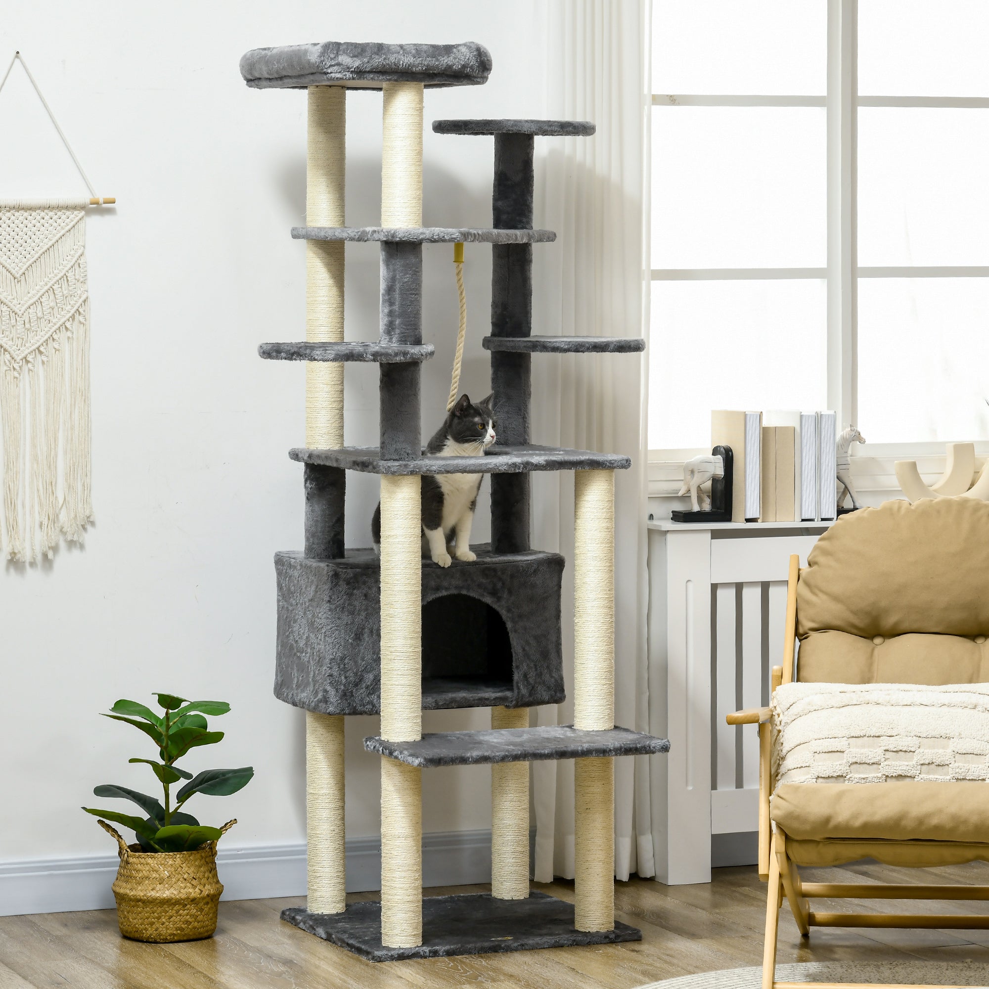 PawHut 184cm Cat Tree for Indoor Cats, Multi-Level Kitten Climbing Tower with Scratching Posts, Cat Bed, Cat House, Perches, Hanging Play Rope - Grey