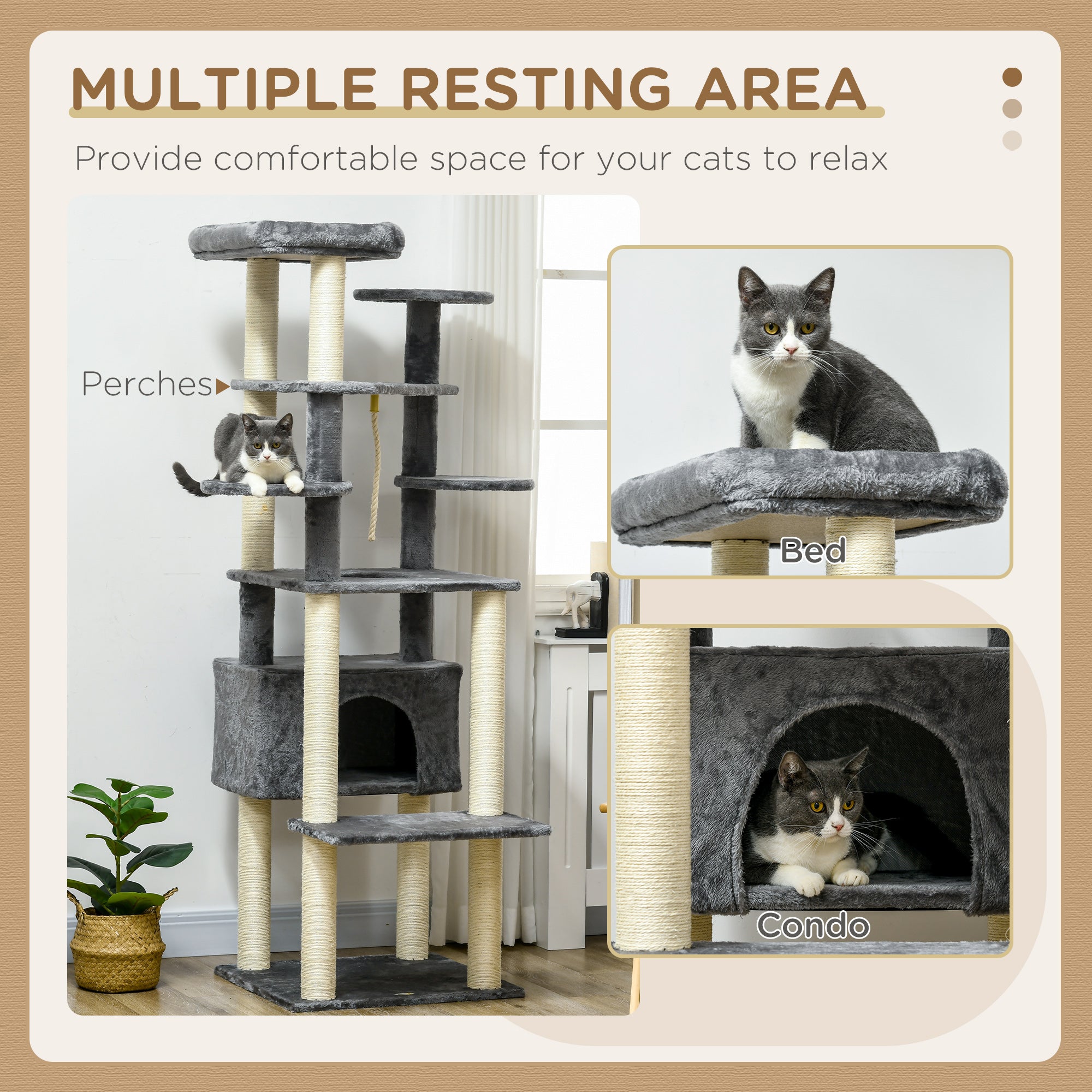PawHut 184cm Cat Tree for Indoor Cats, Multi-Level Kitten Climbing Tower with Scratching Posts, Cat Bed, Cat House, Perches, Hanging Play Rope - Grey