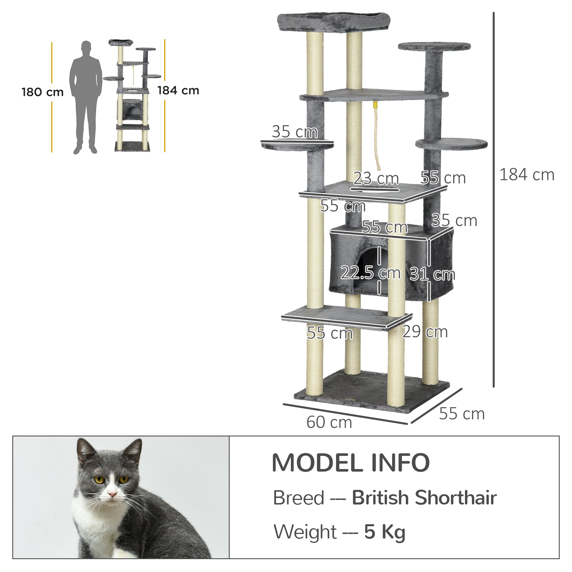 PawHut 184cm Cat Tree for Indoor Cats, Multi-Level Kitten Climbing Tower with Scratching Posts, Cat Bed, Cat House, Perches, Hanging Play Rope - Grey