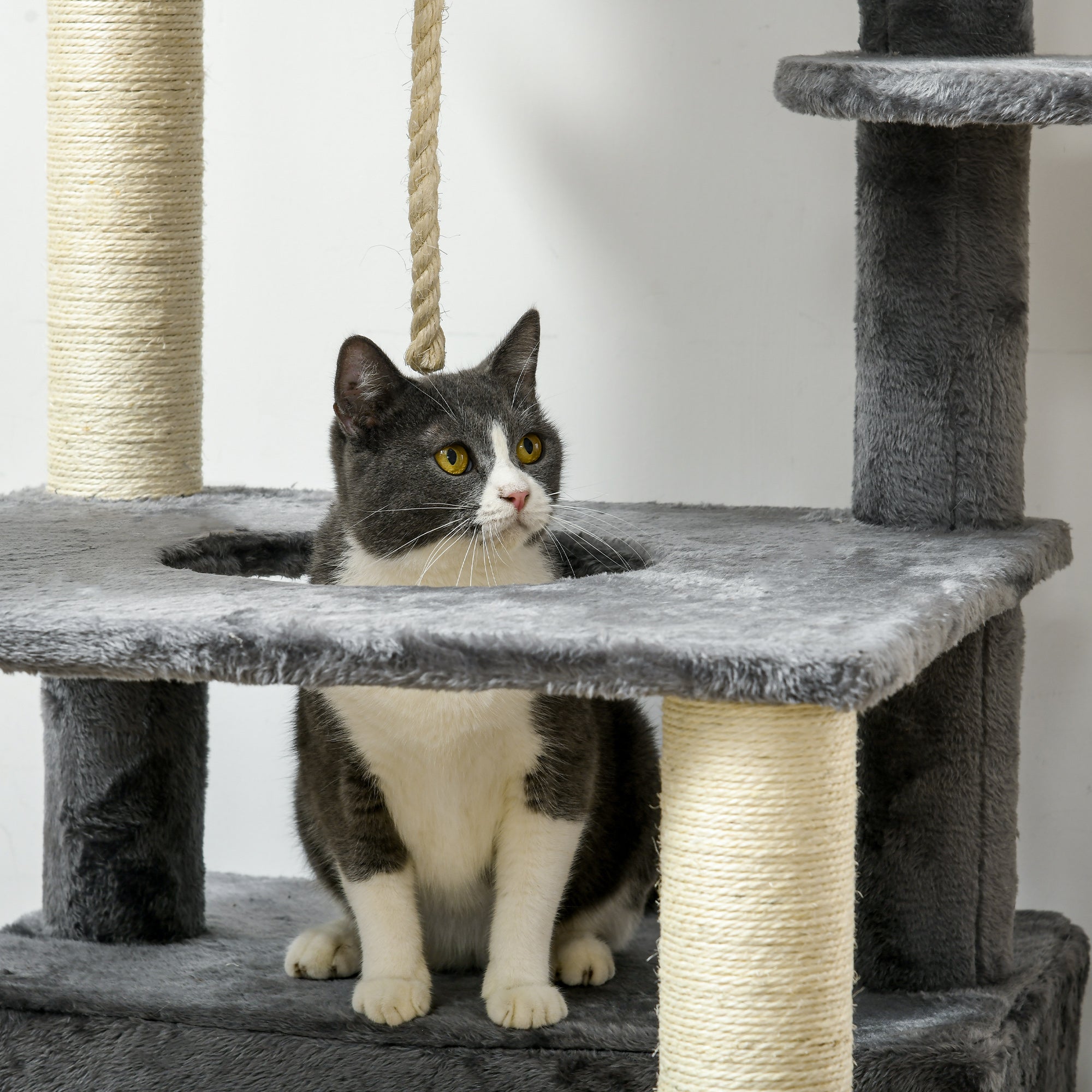 PawHut 184cm Cat Tree for Indoor Cats, Multi-Level Kitten Climbing Tower with Scratching Posts, Cat Bed, Cat House, Perches, Hanging Play Rope - Grey