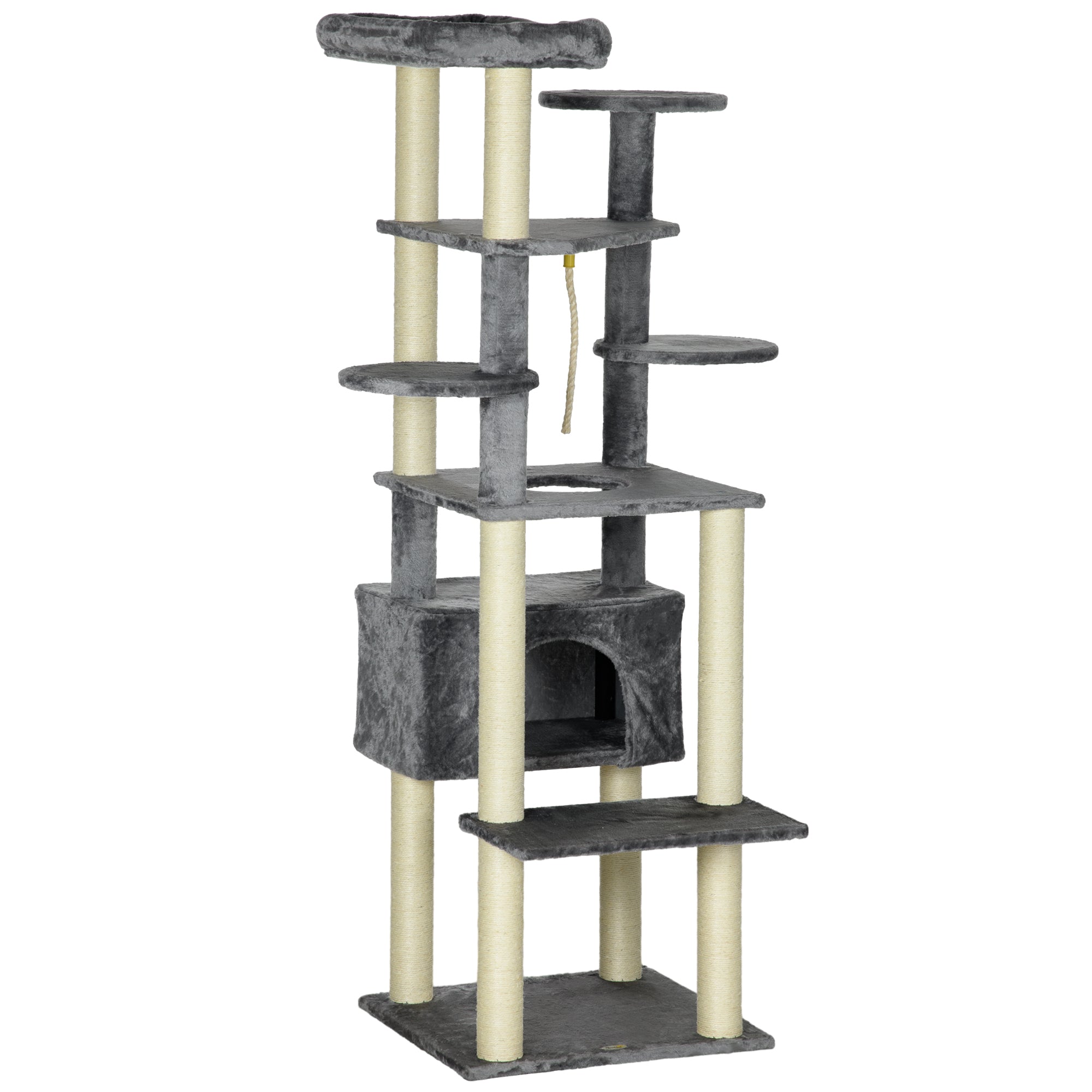 PawHut 184cm Cat Tree for Indoor Cats, Multi-Level Kitten Climbing Tower with Scratching Posts, Cat Bed, Cat House, Perches, Hanging Play Rope - Grey