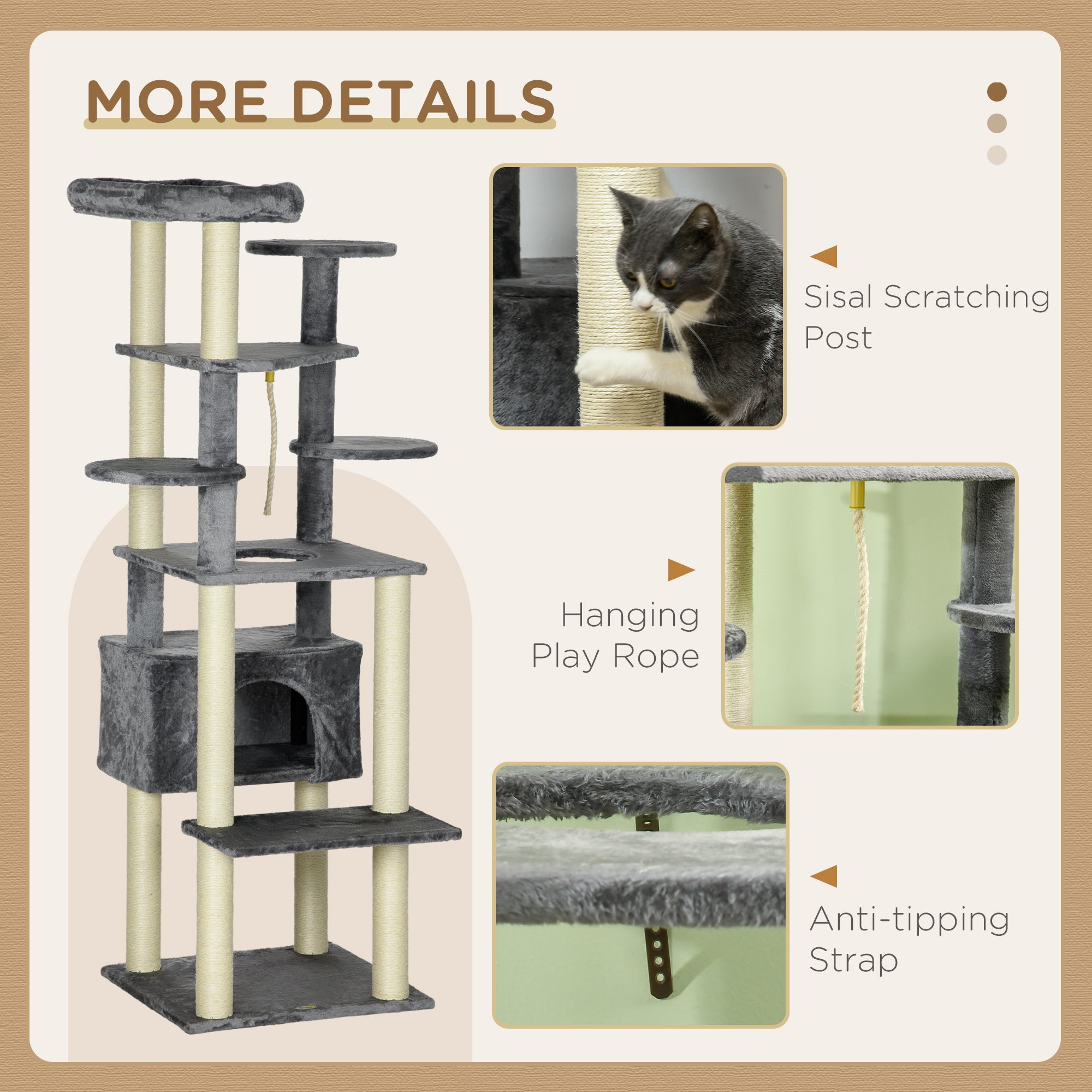 PawHut 184cm Cat Tree for Indoor Cats, Multi-Level Kitten Climbing Tower with Scratching Posts, Cat Bed, Cat House, Perches, Hanging Play Rope - Grey