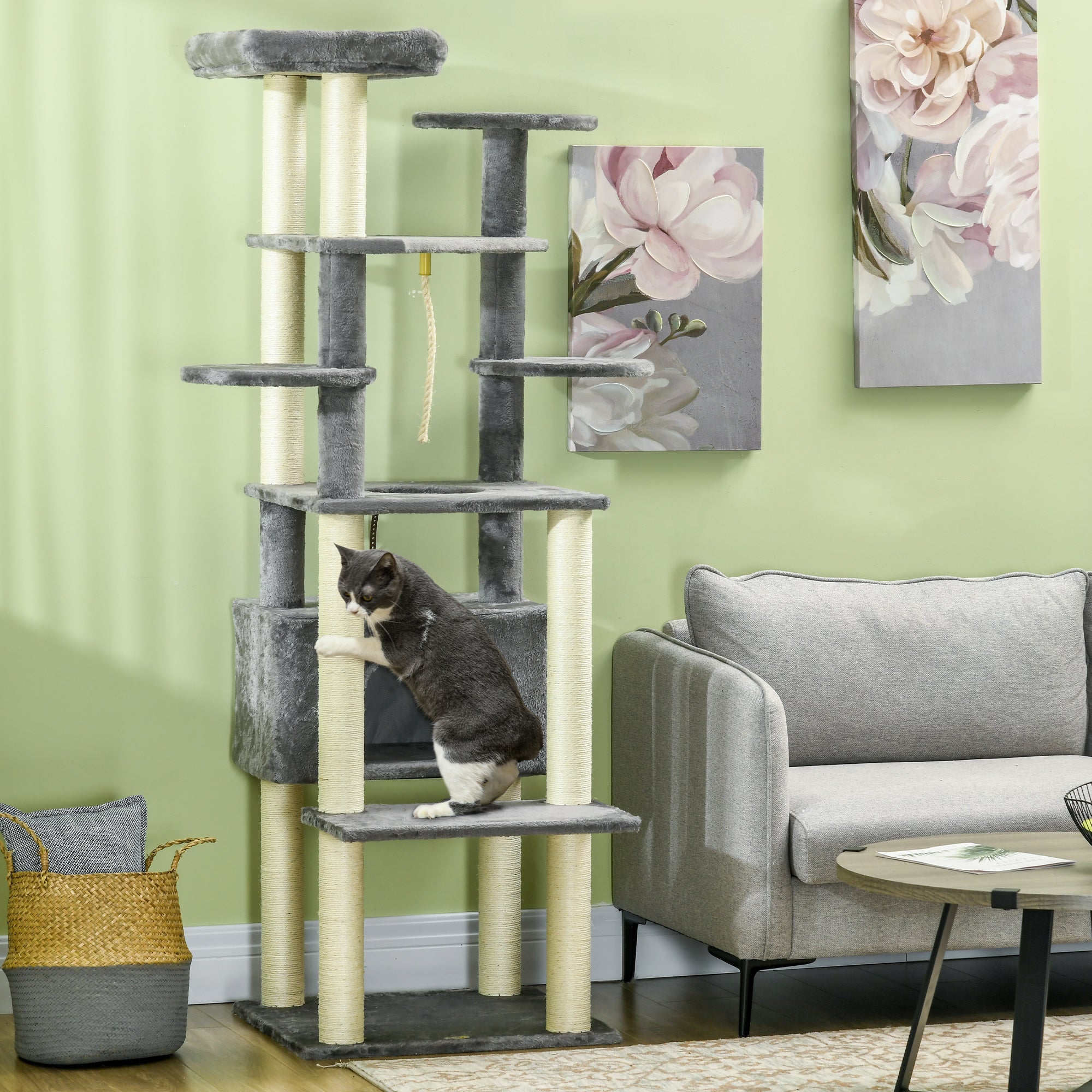PawHut 184cm Cat Tree for Indoor Cats, Multi-Level Kitten Climbing Tower with Scratching Posts, Cat Bed, Cat House, Perches, Hanging Play Rope - Grey