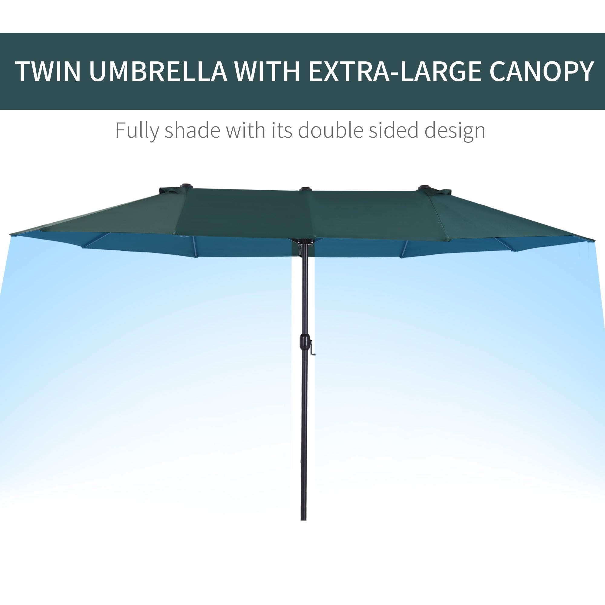 Outsunny 15ft Double-sided Patio Umbrella with Twin Canopy, Extra Large Outdoor Parasol with Crank for Pool, Deck, Market, Dark Green