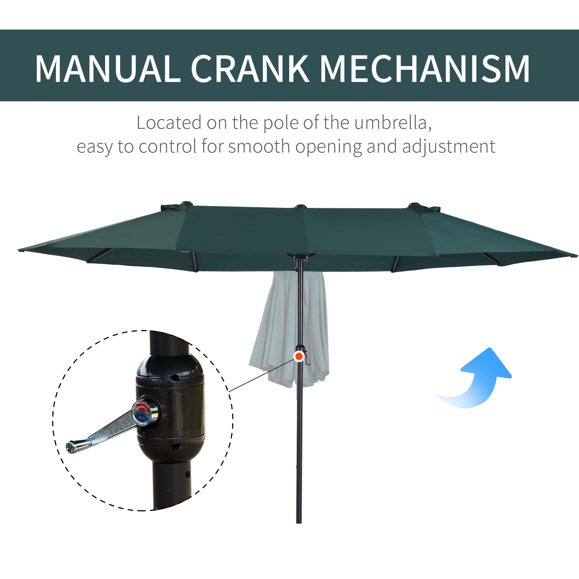 Outsunny 15ft Double-sided Patio Umbrella with Twin Canopy, Extra Large Outdoor Parasol with Crank for Pool, Deck, Market, Dark Green