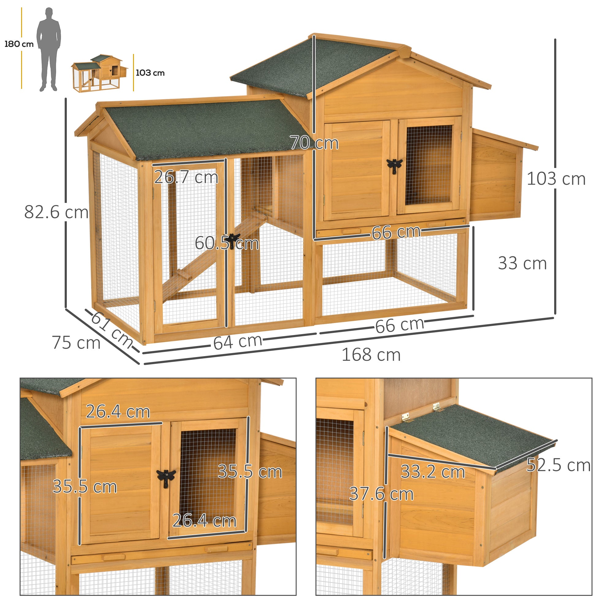 PawHut Chicken Coop with Run Small Animal Hen House Outdoor Poultry Coops Cages Nesting Box Slide-out Tray Asphalt Roof Lockable Door 168 x 75 x 103cm