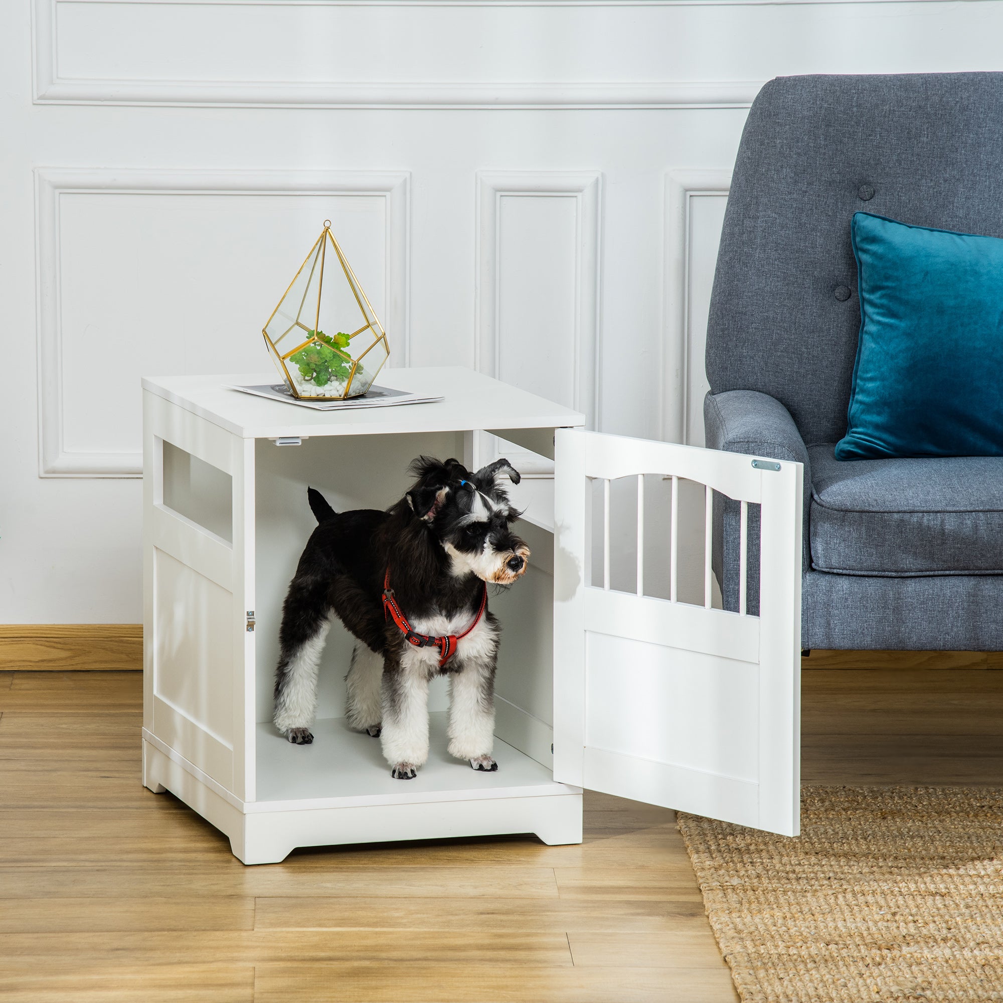 PawHut Furniture Style Dog Crate, Wooden End Table Pet Kennel with Lockable Door for Small Medium Dog Indoor Puppy Cage, White