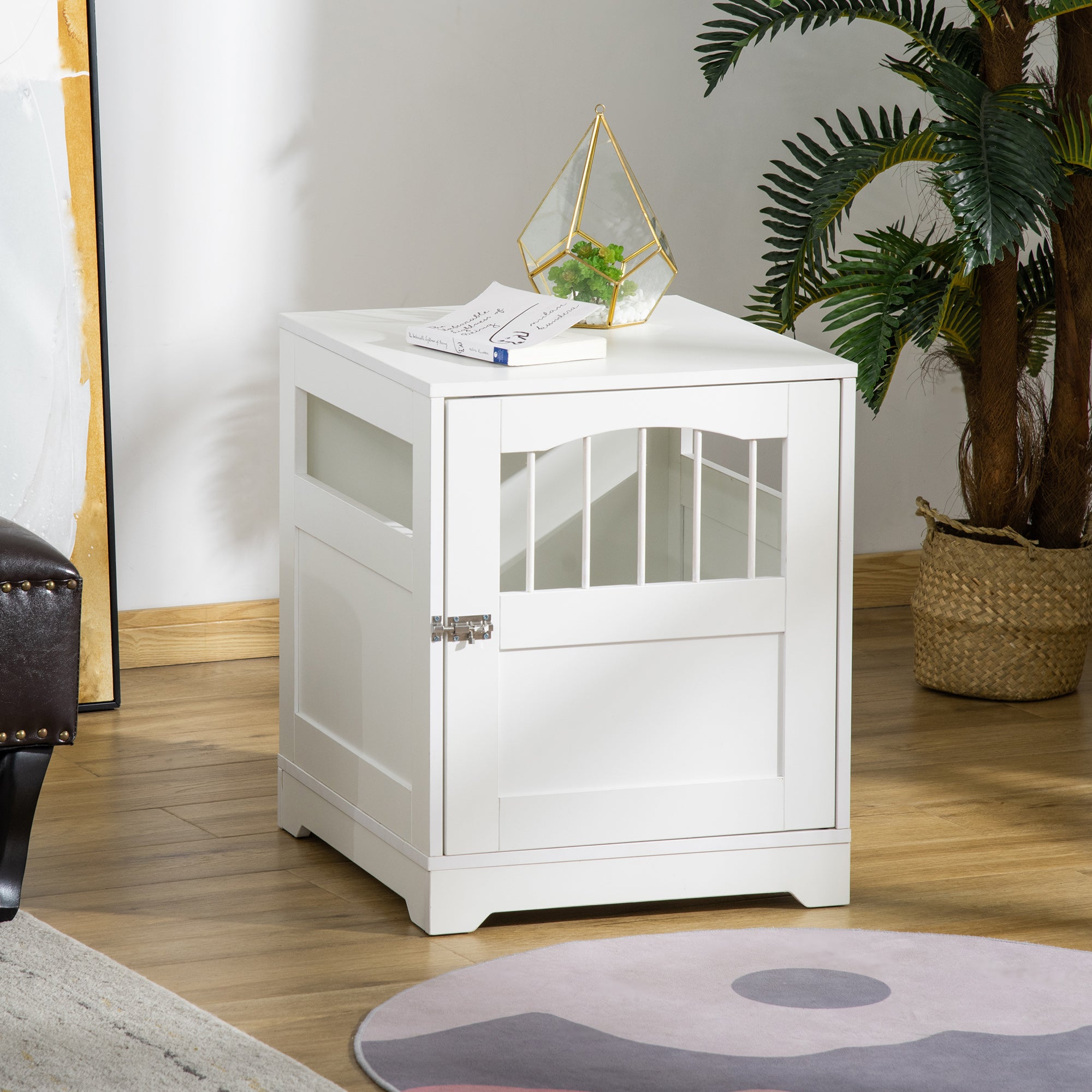 PawHut Furniture Style Dog Crate, Wooden End Table Pet Kennel with Lockable Door for Small Medium Dog Indoor Puppy Cage, White