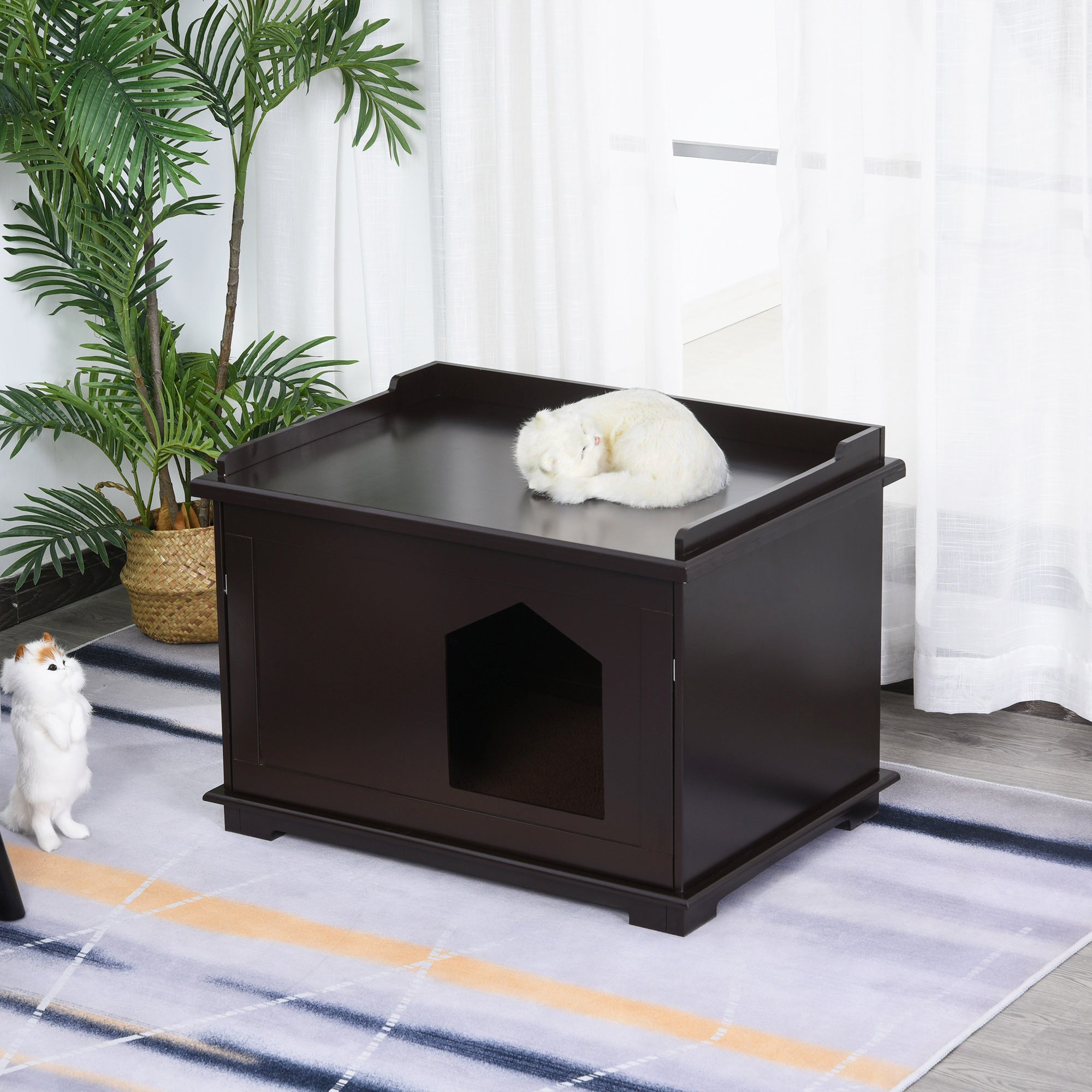 PawHut Wooden Cat Litter Box Enclosure Indoor Cat House Hidden Washroom End Table Hideaway Storage Cabinet, Brown