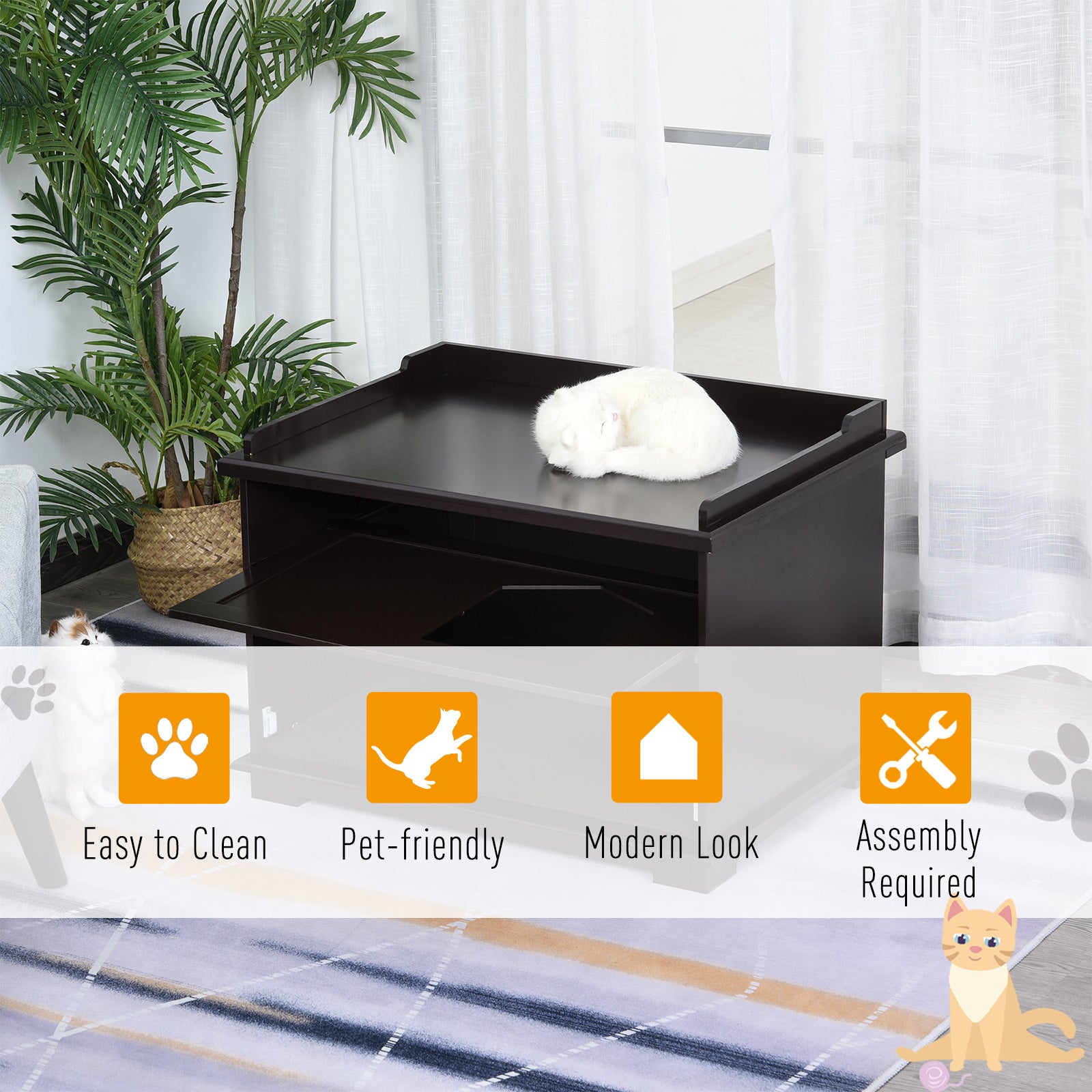 PawHut Wooden Cat Litter Box Enclosure Indoor Cat House Hidden Washroom End Table Hideaway Storage Cabinet, Brown