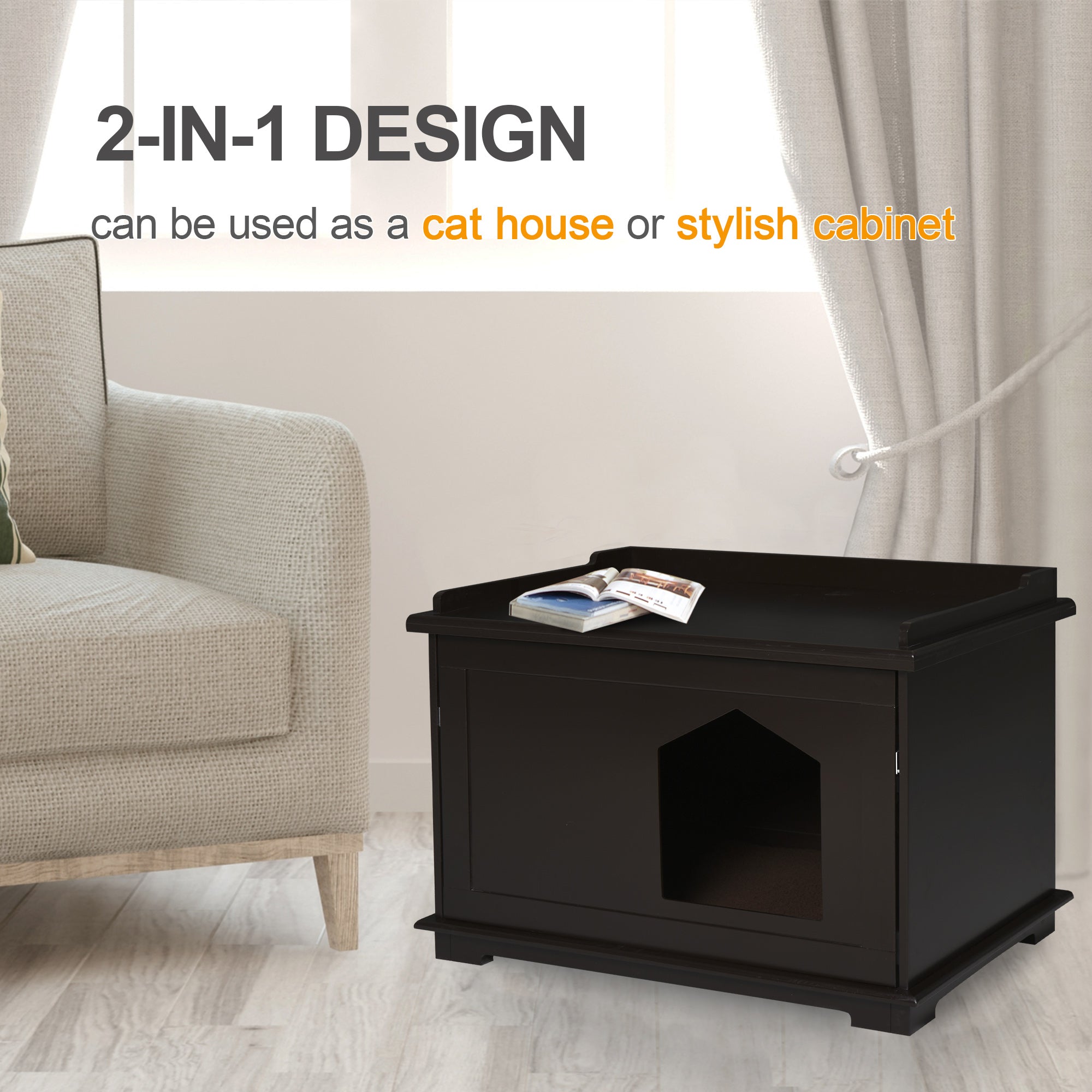 PawHut Wooden Cat Litter Box Enclosure Indoor Cat House Hidden Washroom End Table Hideaway Storage Cabinet, Brown