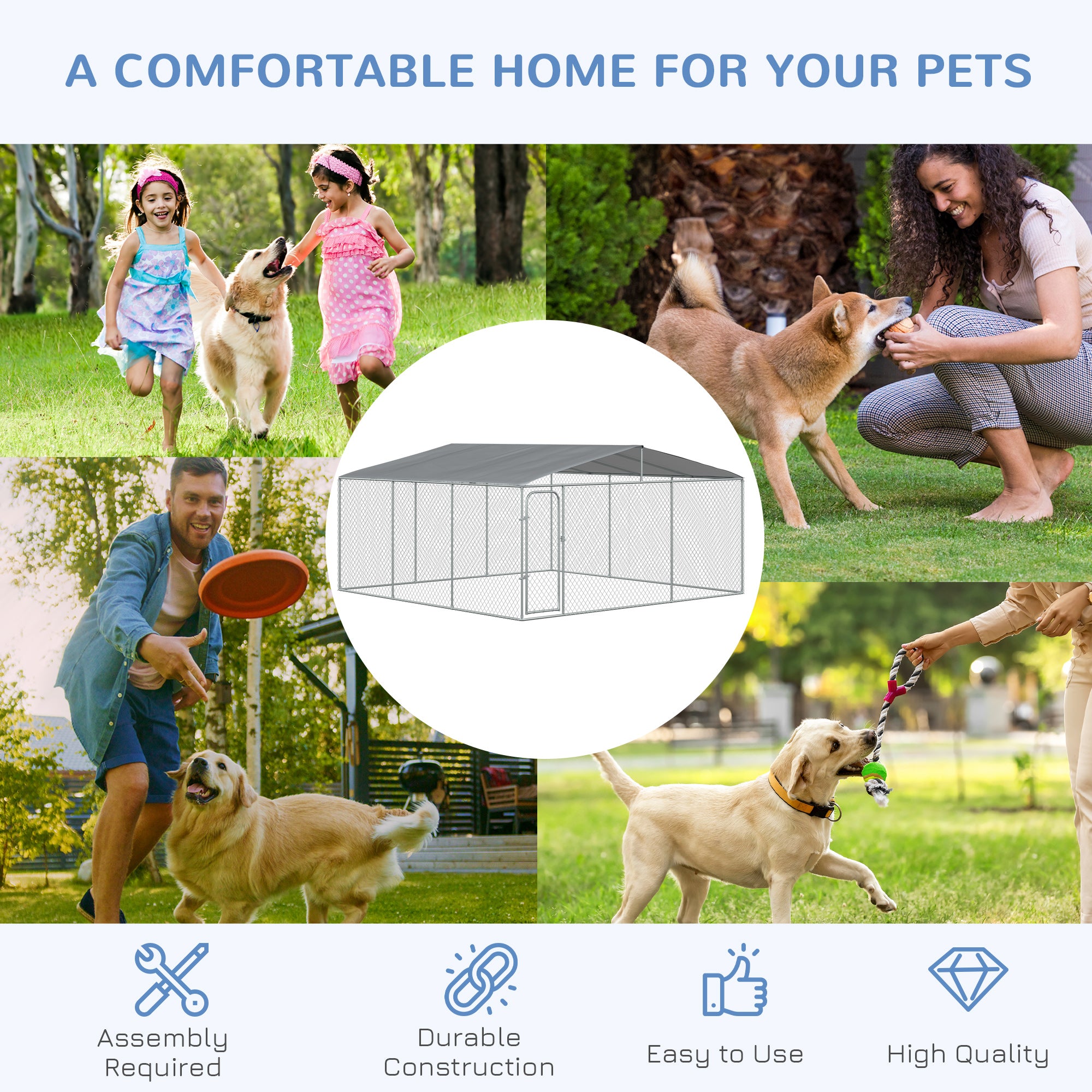 PawHut Large Dog Kennel Outside, Heavy Duty Dog Cage with Waterproof Cover, Outdoor Fence Dog Run with Galvanized Chain Link, Secure Lock, 15' x 15' x 7.5'
