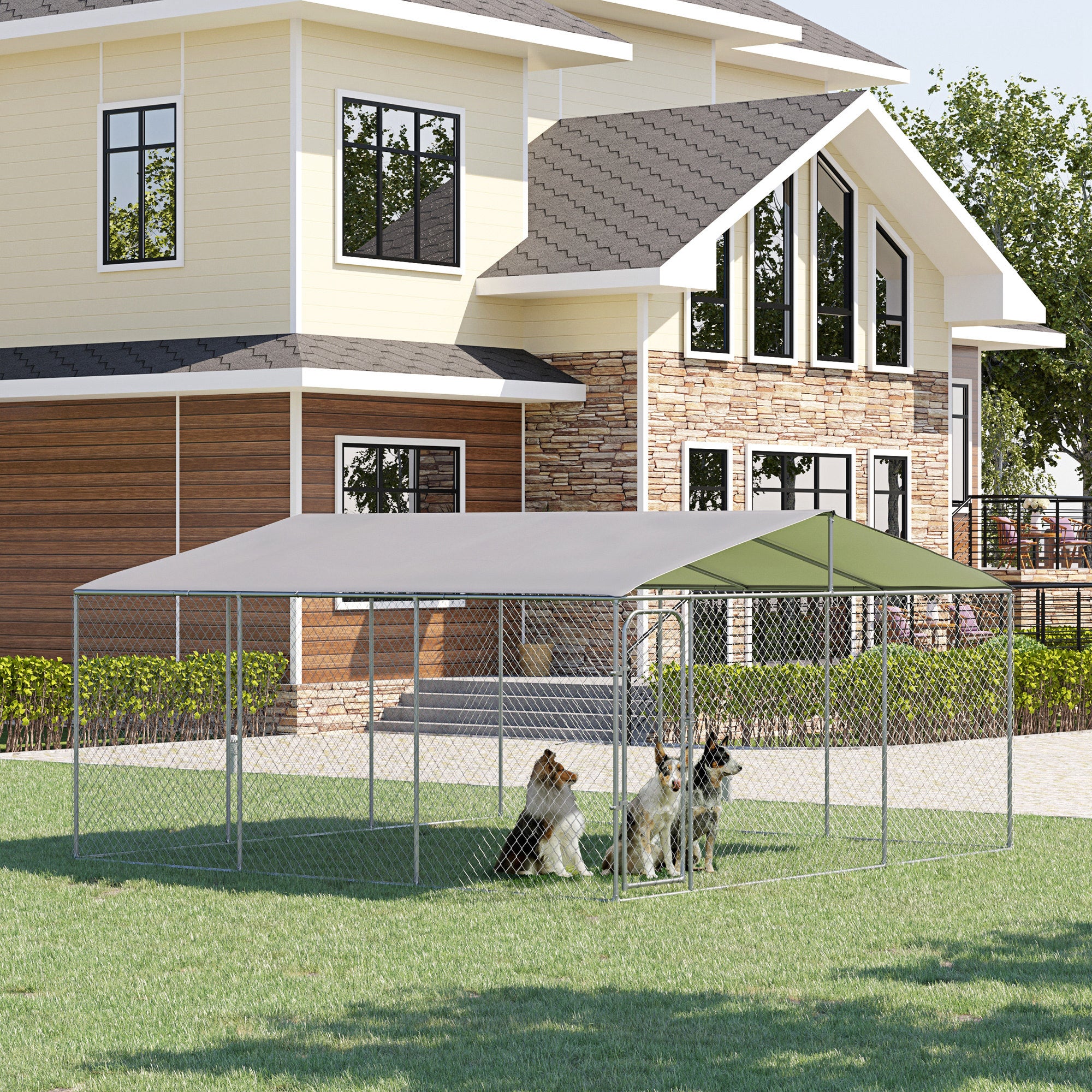 PawHut Large Dog Kennel Outside, Heavy Duty Dog Cage with Waterproof Cover, Outdoor Fence Dog Run with Galvanized Chain Link, Secure Lock, 15' x 15' x 7.5'