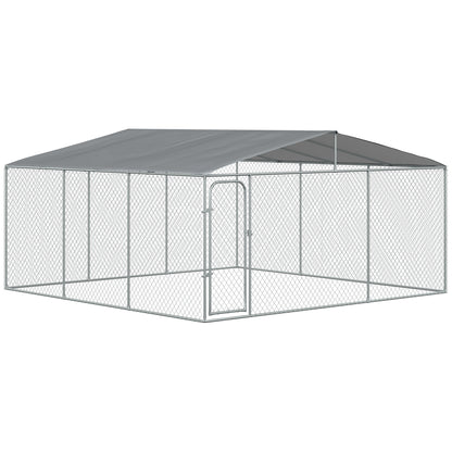 PawHut Large Dog Kennel Outside, Heavy Duty Dog Cage with Waterproof Cover, Outdoor Fence Dog Run with Galvanized Chain Link, Secure Lock, 15' x 15' x 7.5'