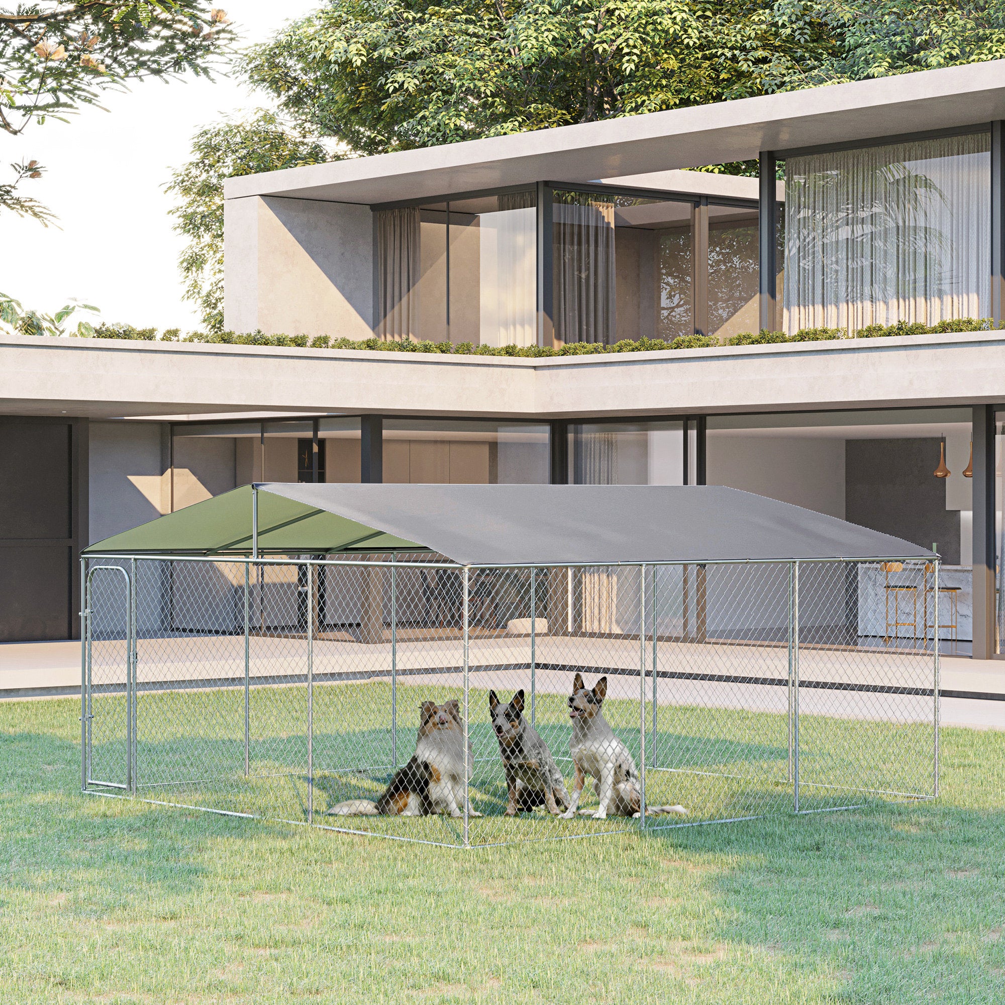 PawHut Large Dog Kennel Outside, Heavy Duty Dog Cage with Waterproof Cover, Outdoor Fence Dog Run with Galvanized Chain Link, Secure Lock, 15' x 15' x 7.5'