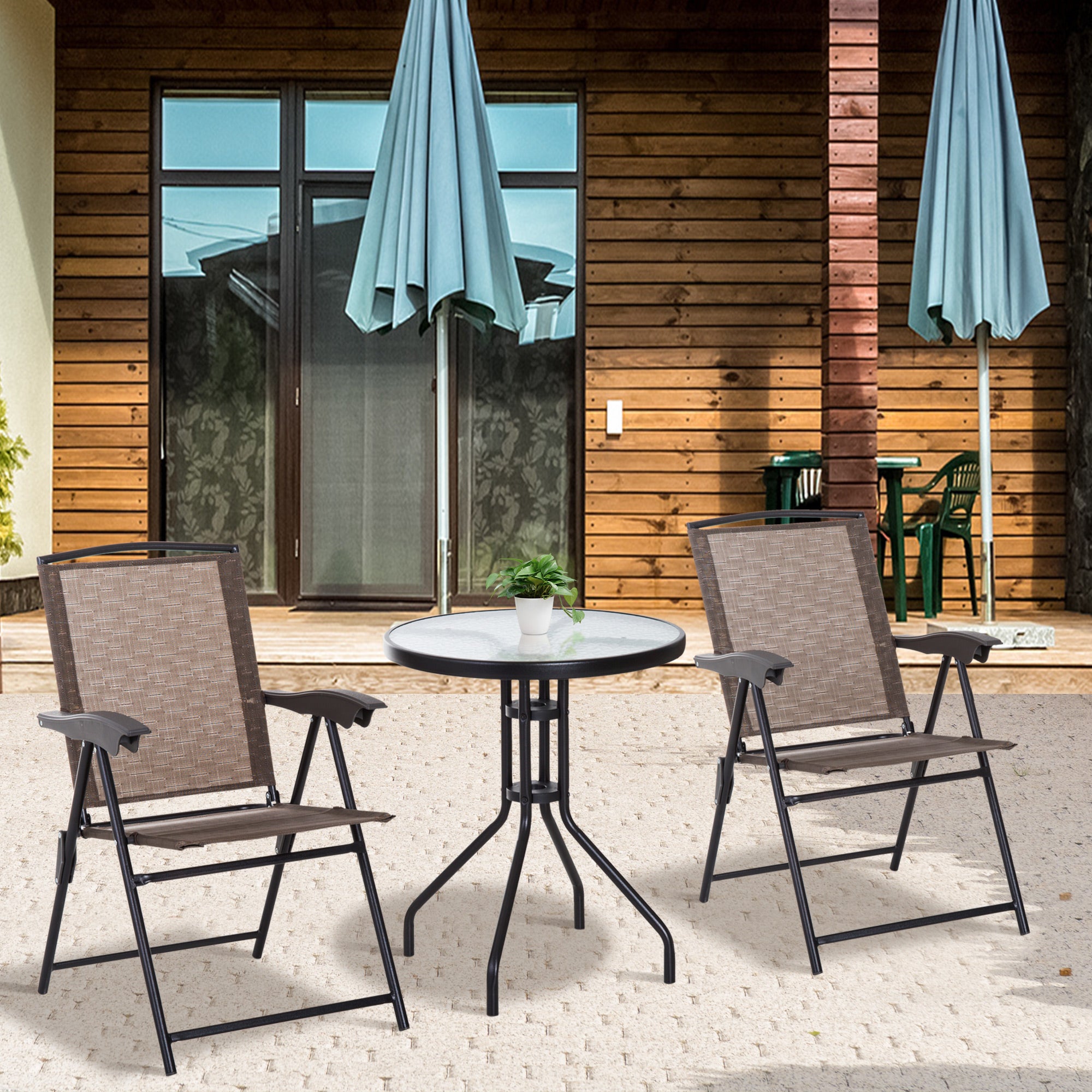 Outsunny Folding Patio Bistro Set with Adjustable Chairs Outdoor Furniture Set with Round Dining Bar Table Brown