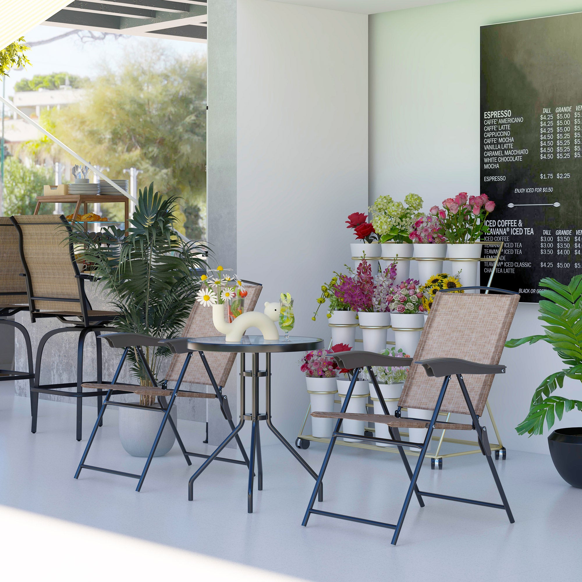 Outsunny Folding Patio Bistro Set with Adjustable Chairs Outdoor Furniture Set with Round Dining Bar Table Brown