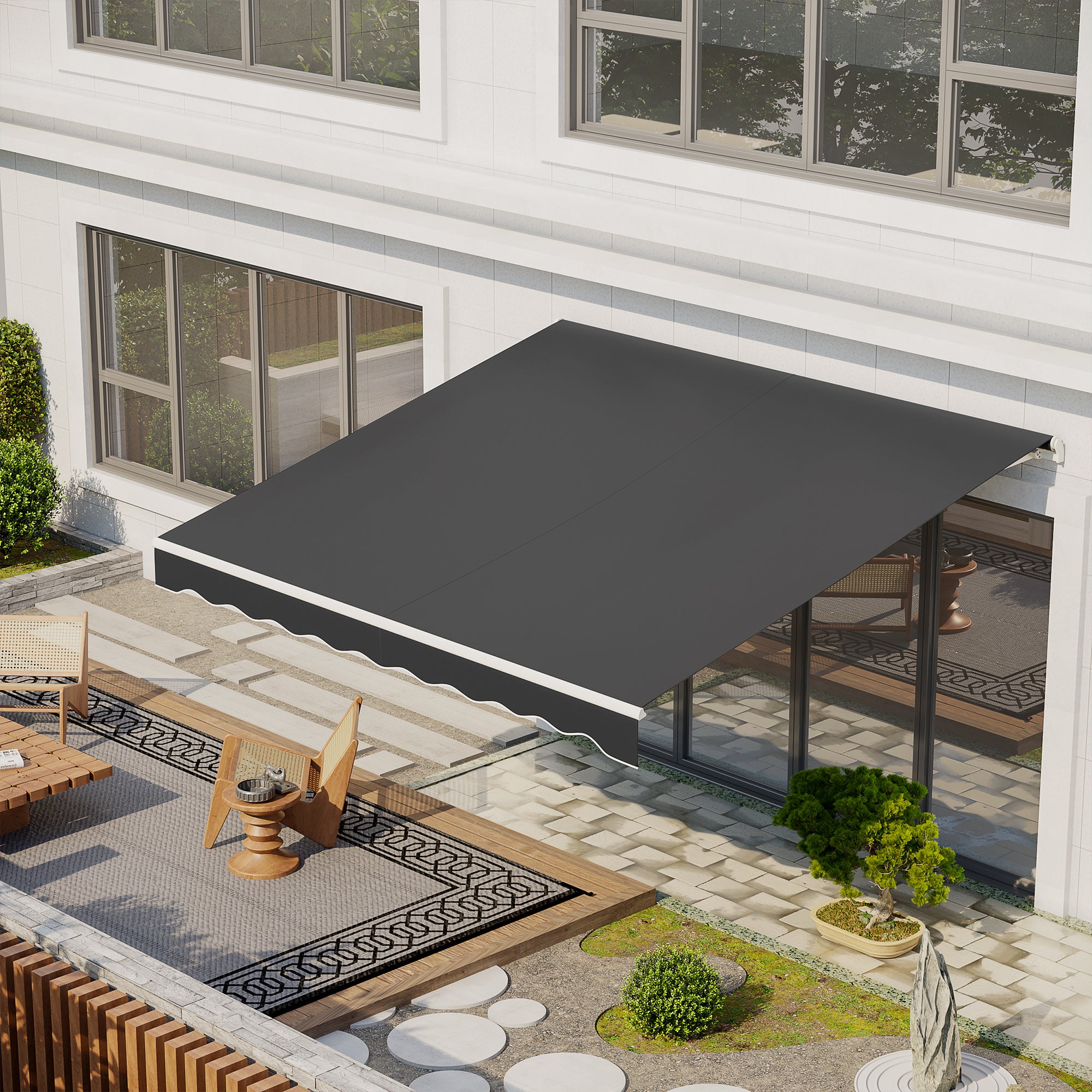 Outsunny 12' x 10' Electric Awning, Retractable Awning Sun Shade Shelter with Remote Controller, Manual Crank Handle and Aluminum Frame, for Deck, Balcony, Yard, Dark Grey