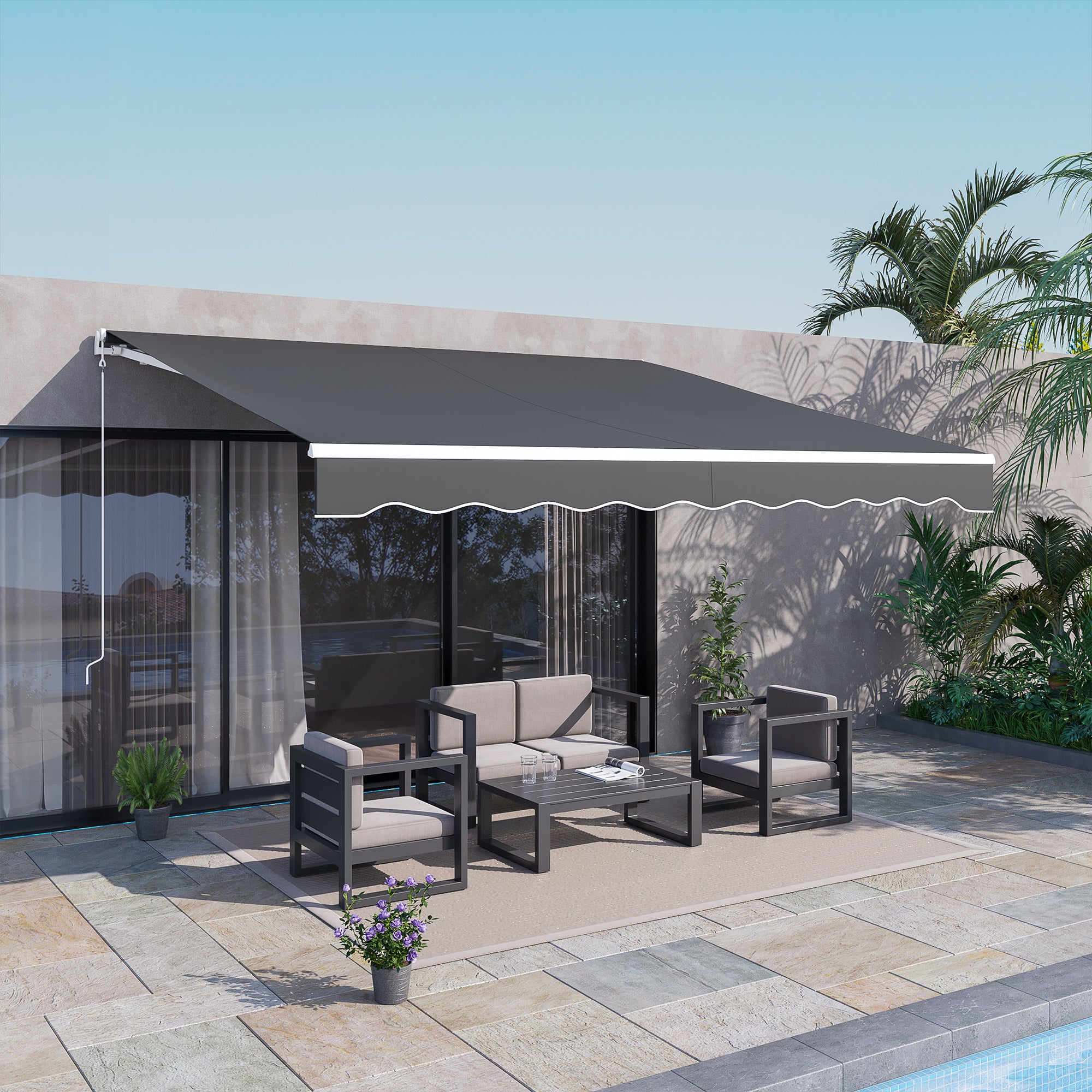 Outsunny 12' x 10' Electric Awning, Retractable Awning Sun Shade Shelter with Remote Controller, Manual Crank Handle and Aluminum Frame, for Deck, Balcony, Yard, Dark Grey