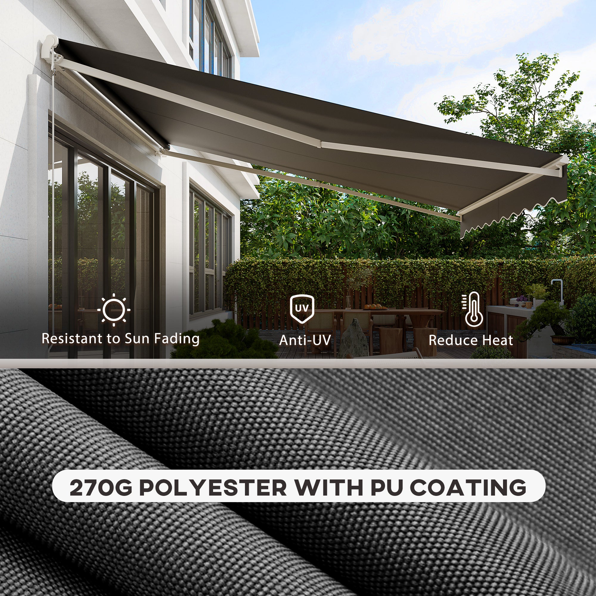 Outsunny 12' x 10' Electric Awning, Retractable Awning Sun Shade Shelter with Remote Controller, Manual Crank Handle and Aluminum Frame, for Deck, Balcony, Yard, Dark Grey