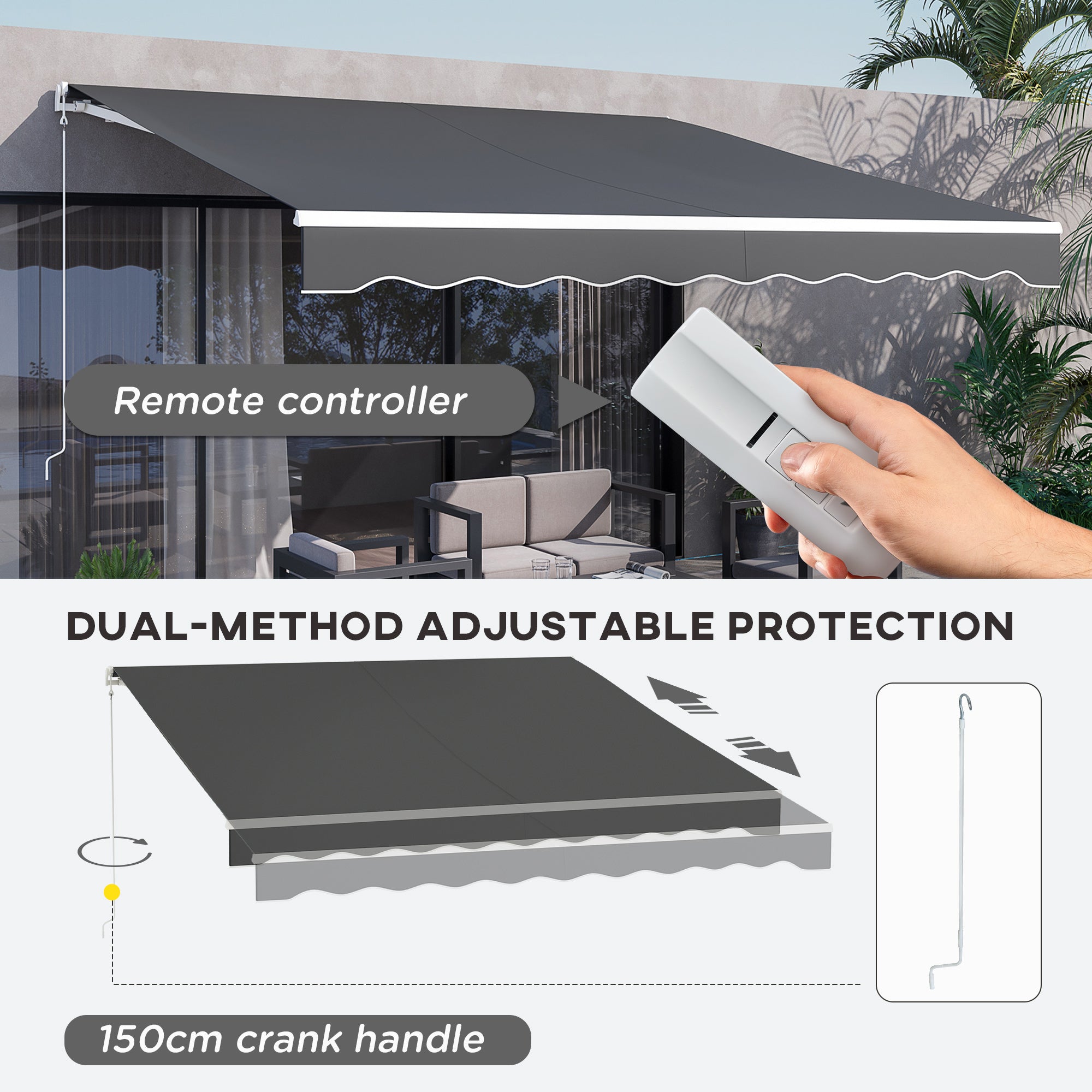 Outsunny 12' x 10' Electric Awning, Retractable Awning Sun Shade Shelter with Remote Controller, Manual Crank Handle and Aluminum Frame, for Deck, Balcony, Yard, Dark Grey