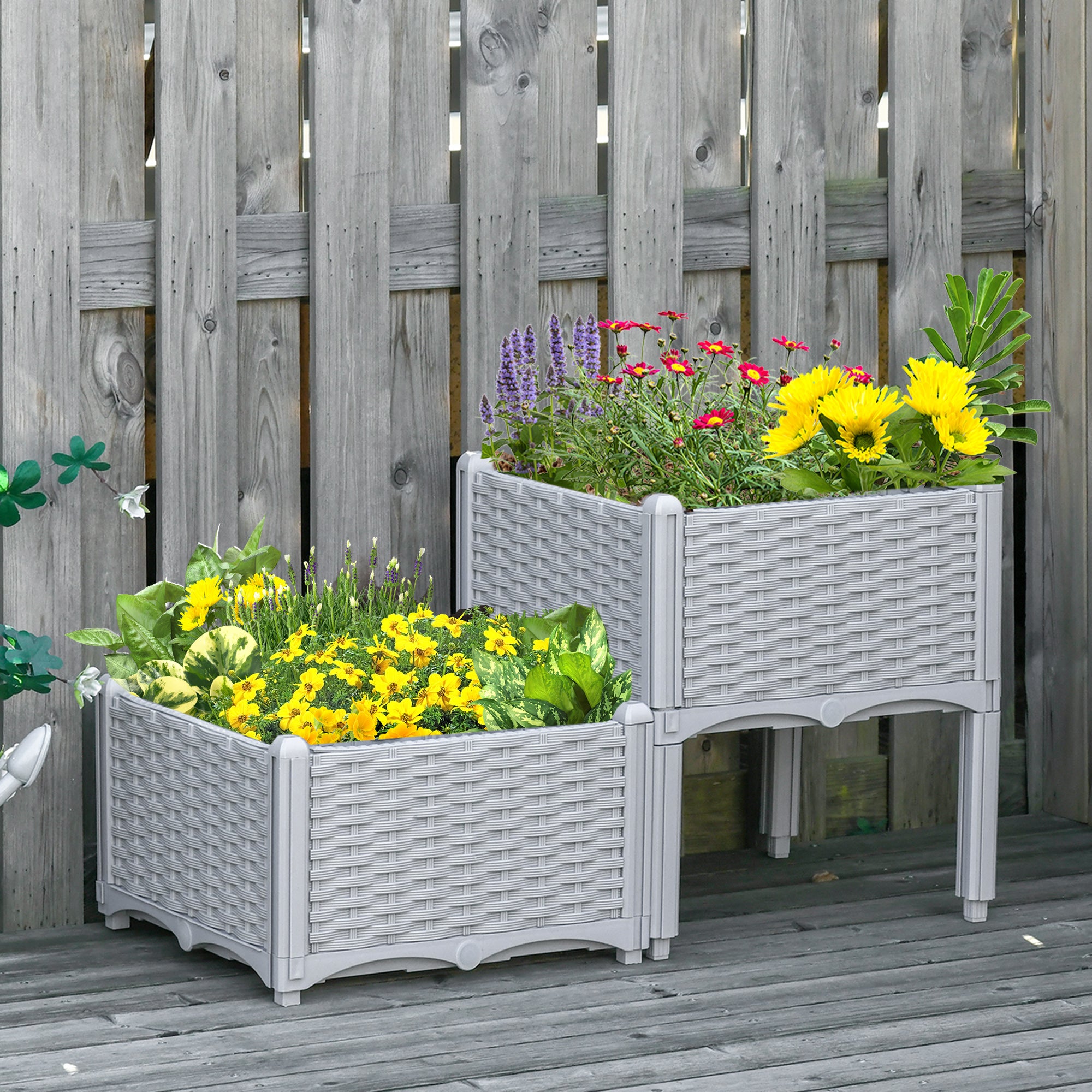 Outsunny 2 Piece Raised Garden Bed PP Raised Flower Bed Vegetable Herb Grow Box Stand Light Grey