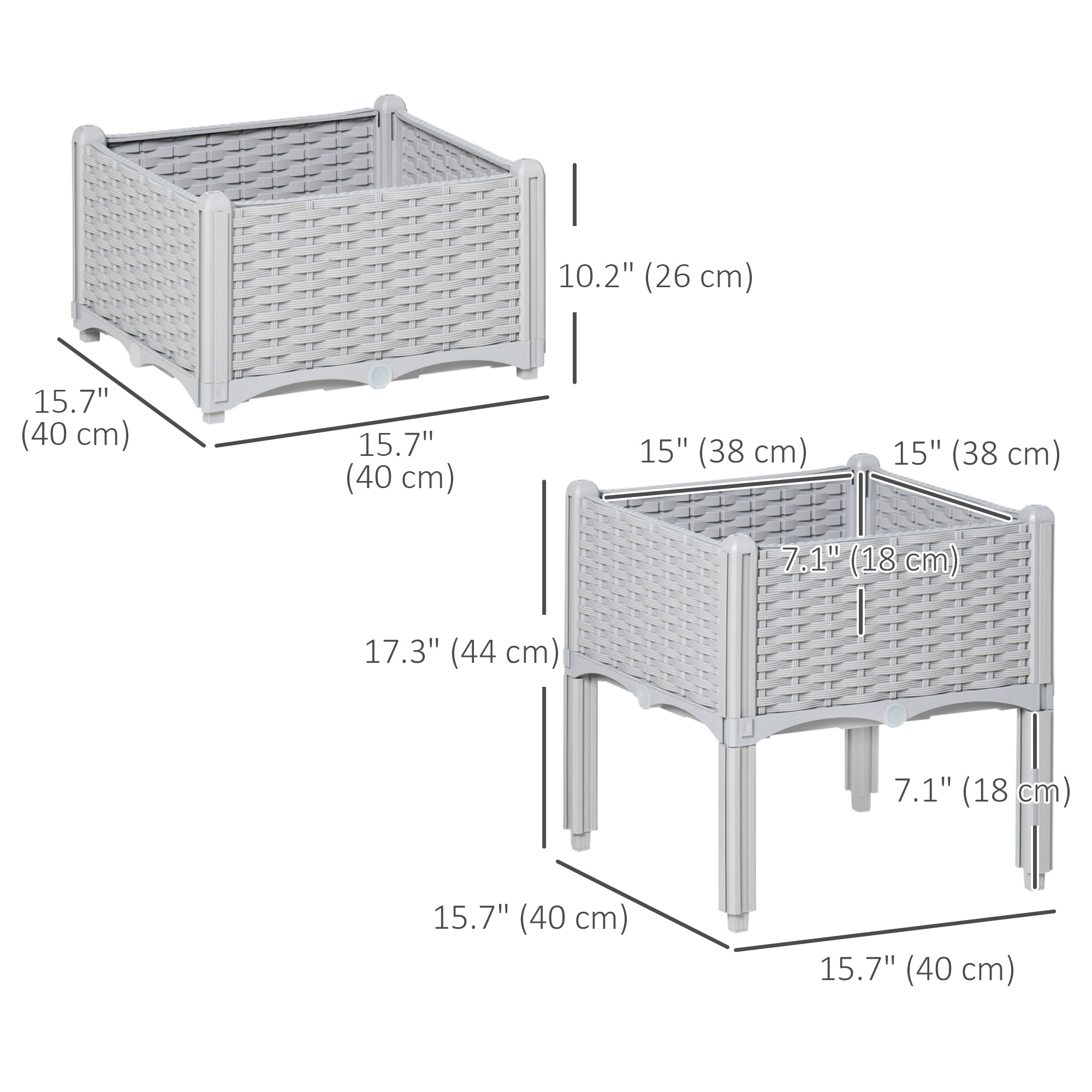 Outsunny 2 Piece Raised Garden Bed PP Raised Flower Bed Vegetable Herb Grow Box Stand Light Grey
