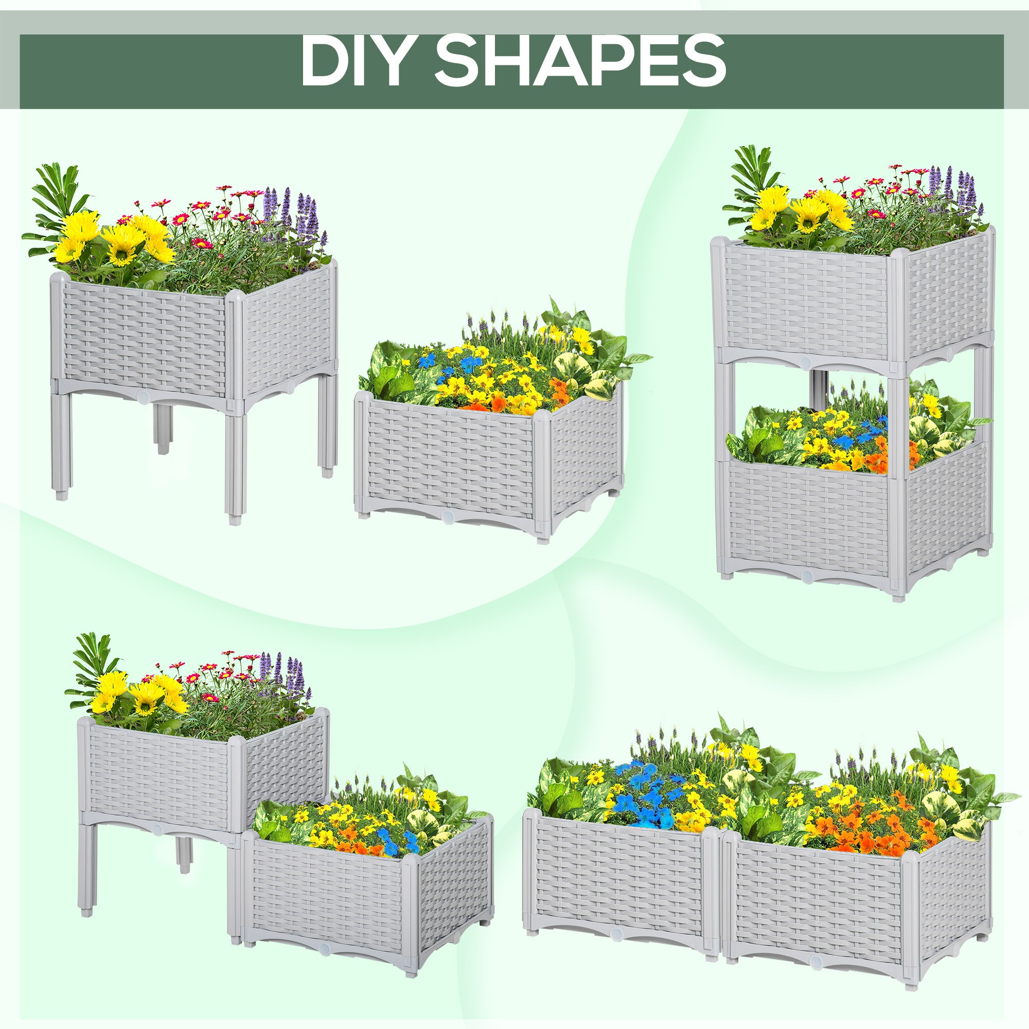 Outsunny 2 Piece Raised Garden Bed PP Raised Flower Bed Vegetable Herb Grow Box Stand Light Grey