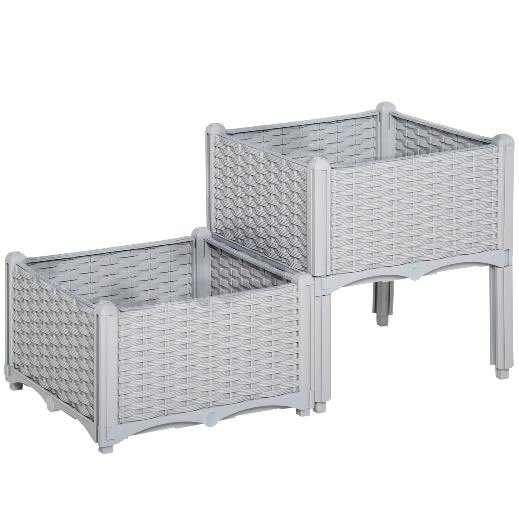Outsunny 2 Piece Raised Garden Bed PP Raised Flower Bed Vegetable Herb Grow Box Stand Light Grey