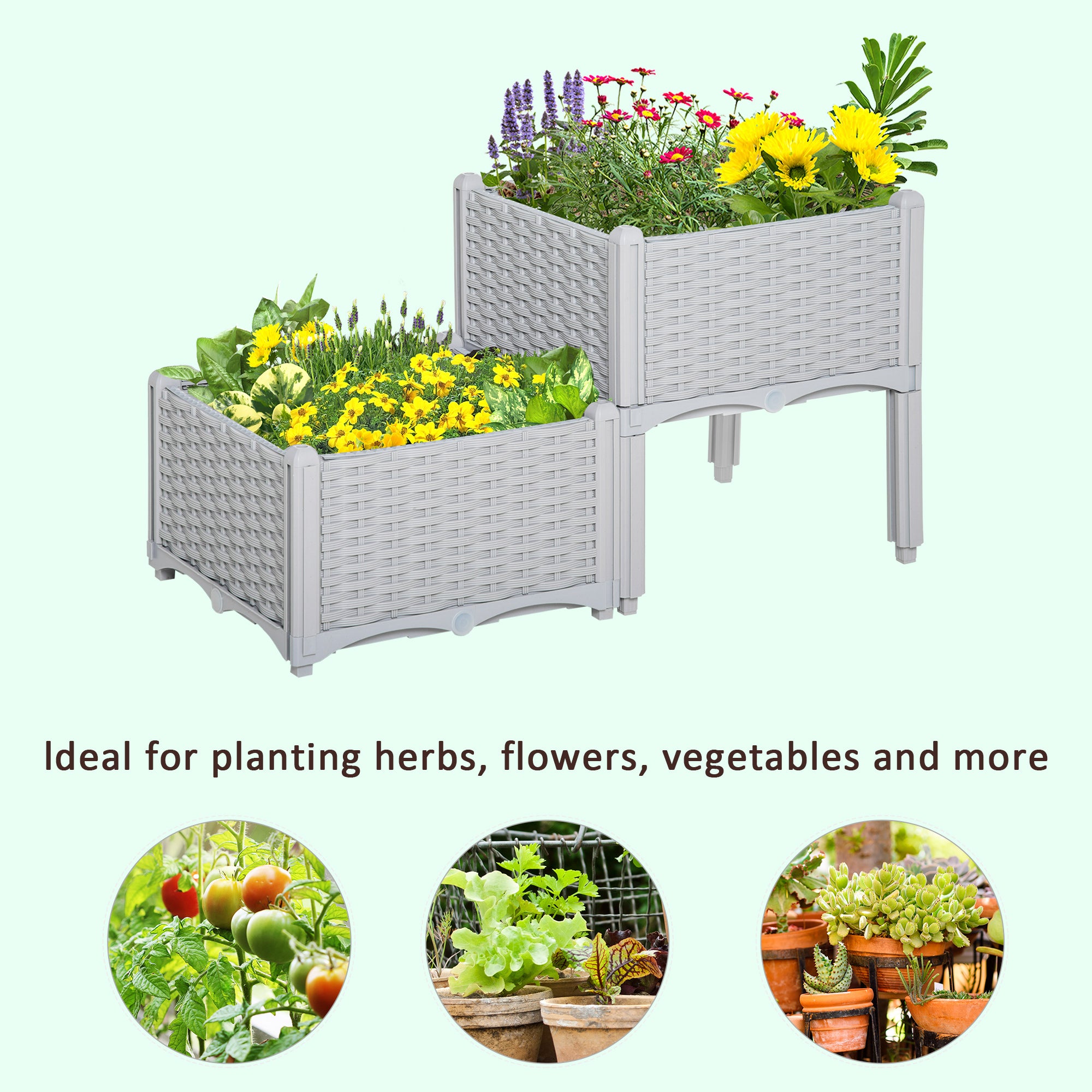 Outsunny 2 Piece Raised Garden Bed PP Raised Flower Bed Vegetable Herb Grow Box Stand Light Grey