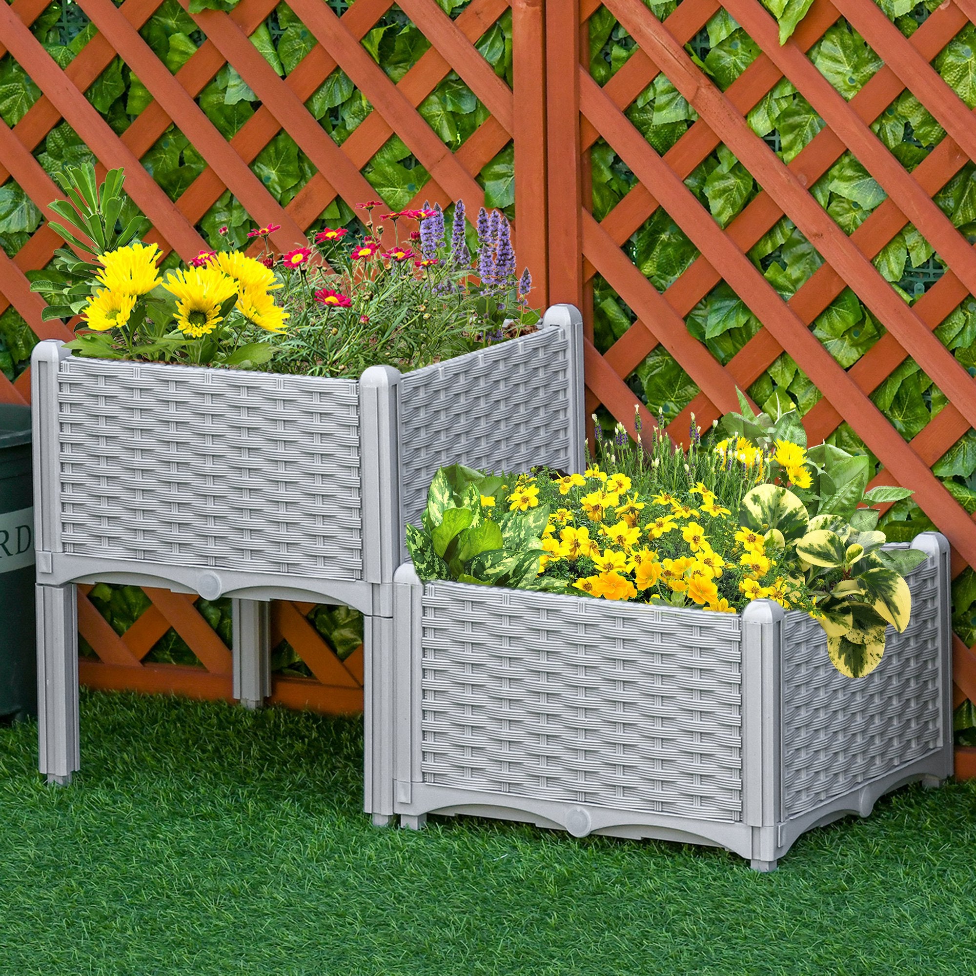 Outsunny 2 Piece Raised Garden Bed PP Raised Flower Bed Vegetable Herb Grow Box Stand Light Grey