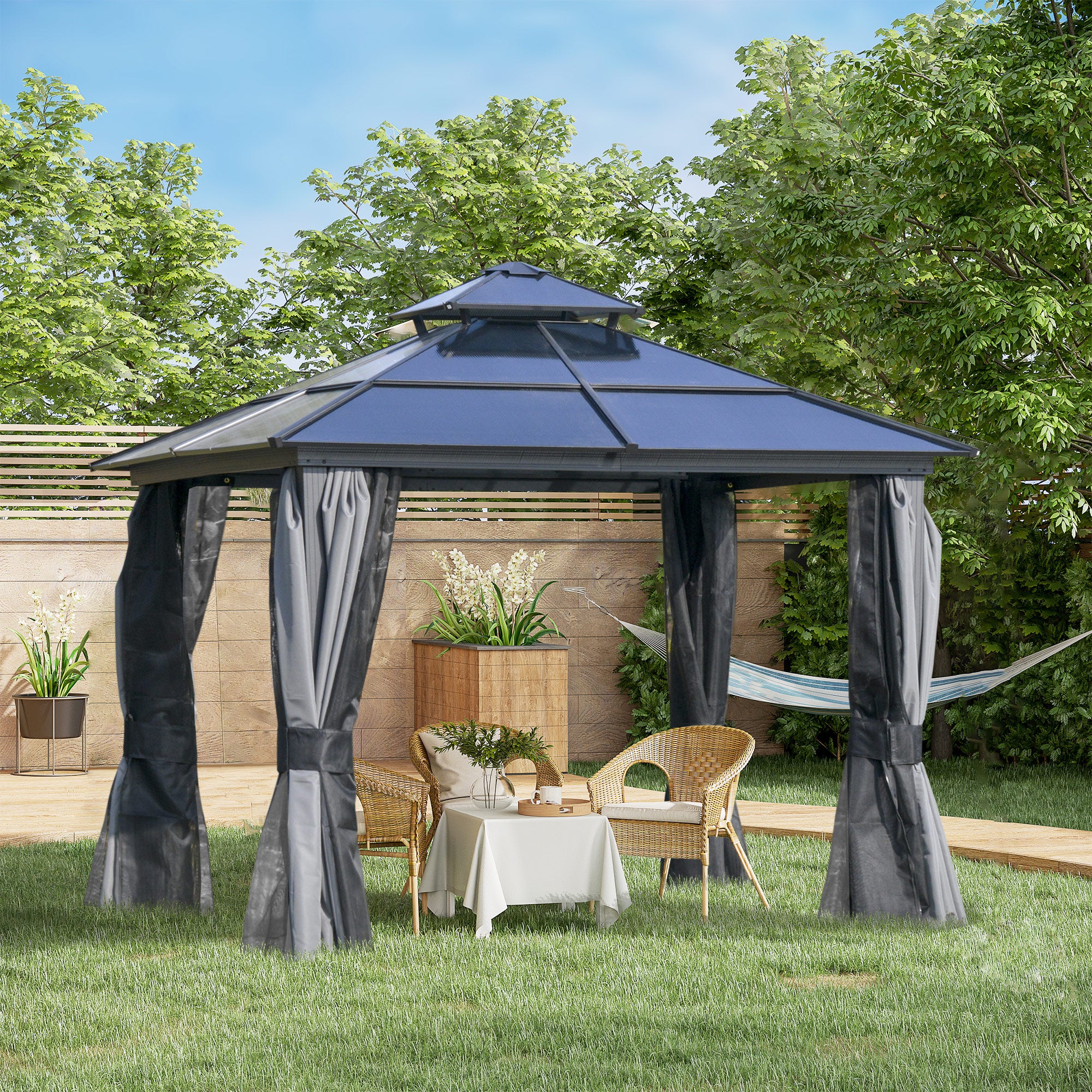 Outsunny 10' x 10' Hardtop Gazebo Canopy with Polycarbonate Double Roof, Aluminum Frame, Permanent Pavilion Outdoor Gazebo with Netting and Curtains for Garden, Backyard